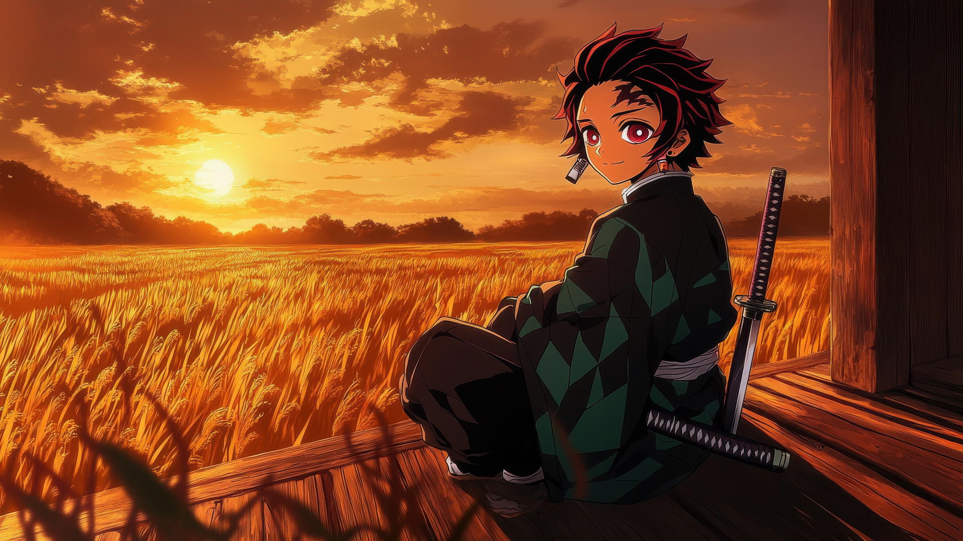 demon slayer tanjiro wallpaper 4k, Tanjiro resting on a porch overlooking golden rice paddies at sunset.