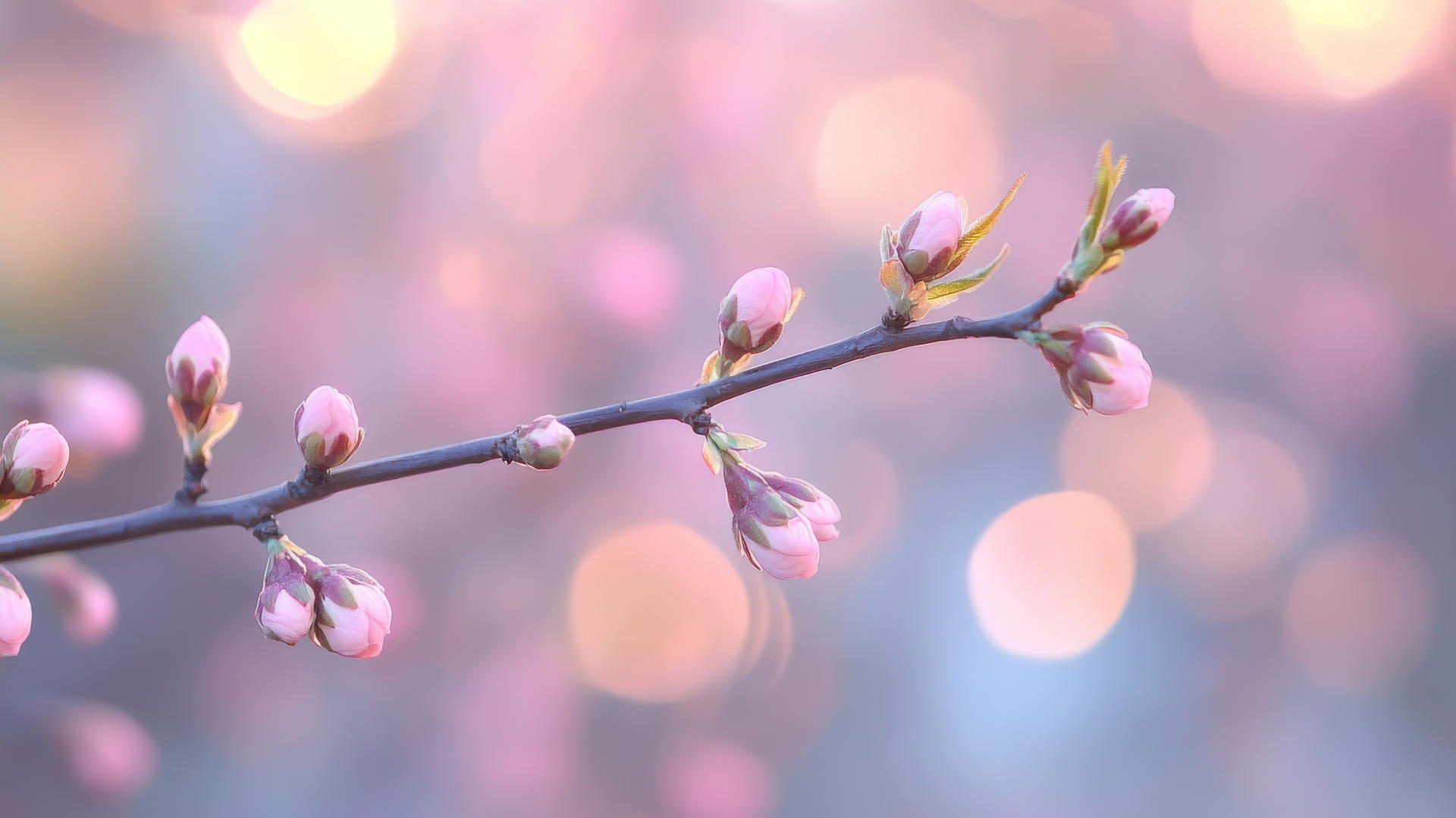 spring wallpaper with pastel-hued flower buds on branches and soft lighting