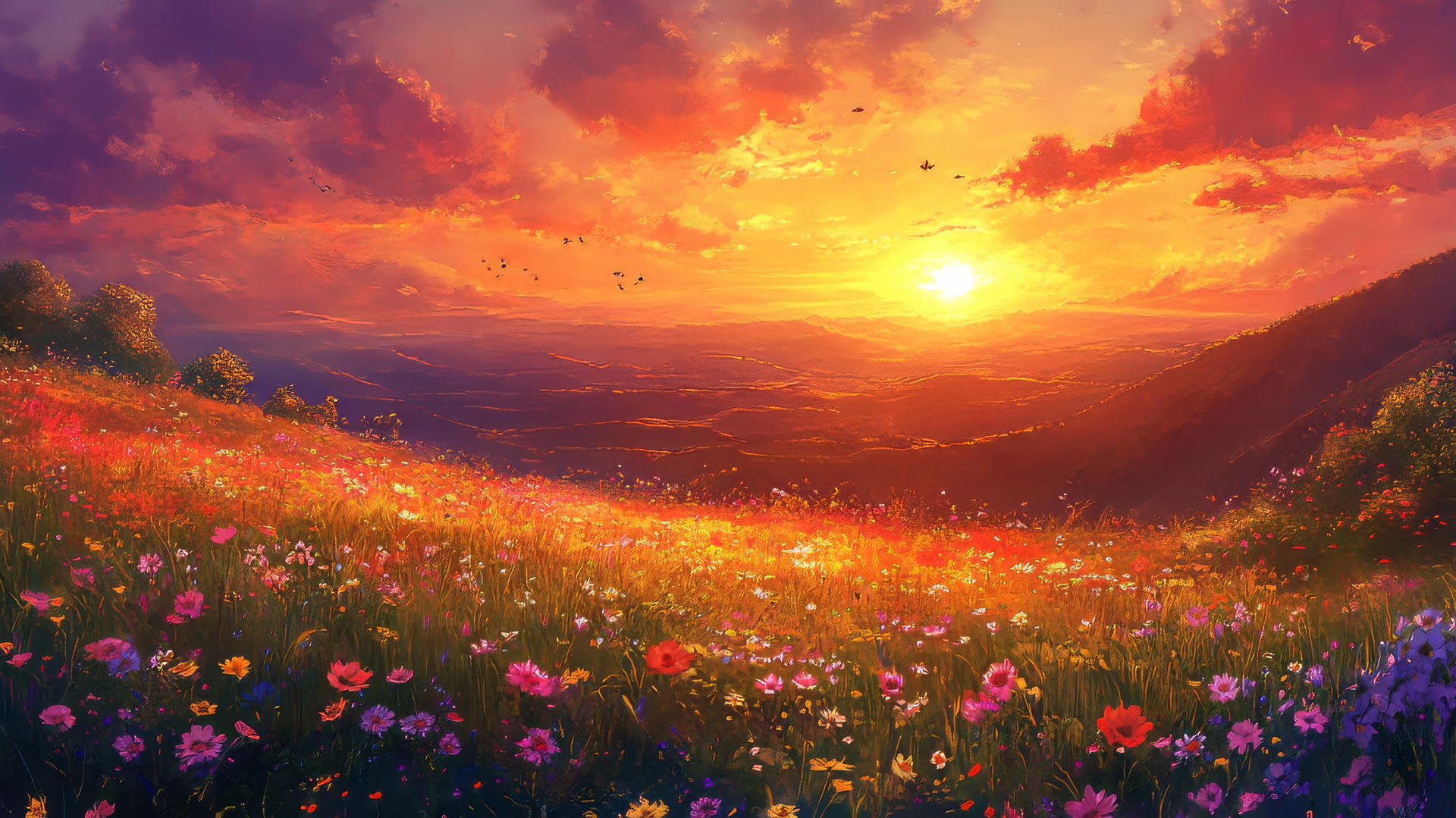 spring wallpaper with a vibrant sunset over wildflowers