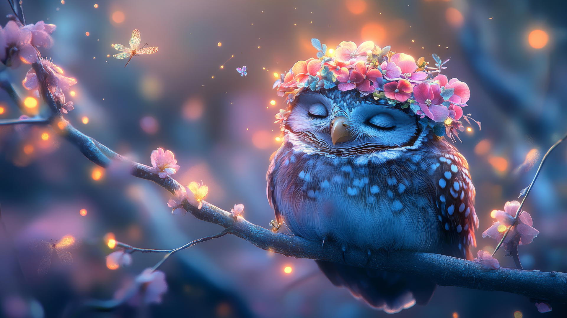 cute spring wallpaper with a smiling baby owl wearing a flower hat on a pastel branch surrounded by fireflies