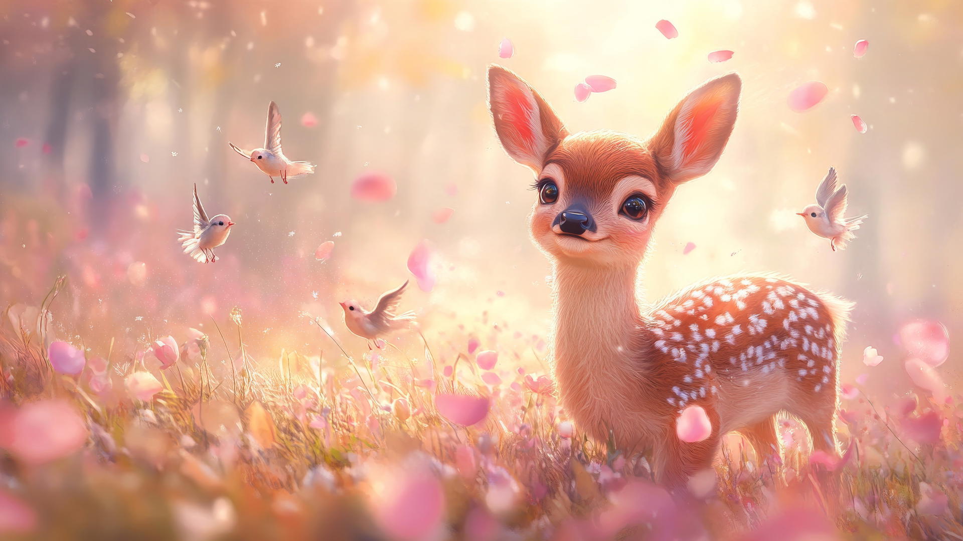 cute spring wallpaper with a smiling baby deer, floating flower petals, and tiny birds at sunset