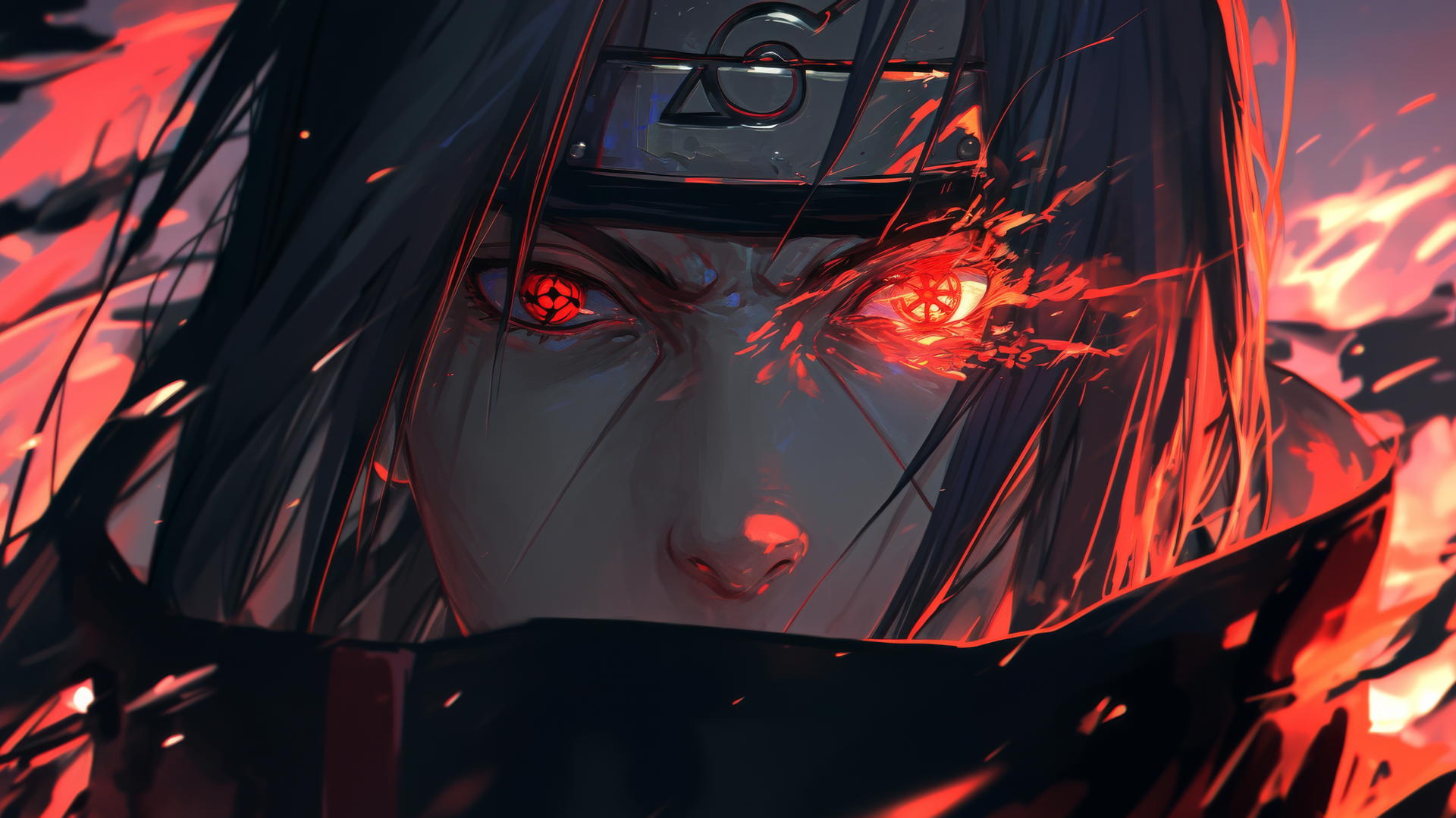 Itachi Uchiha with half-covered face in shadow, intense gaze, Sharingan, red and black aura