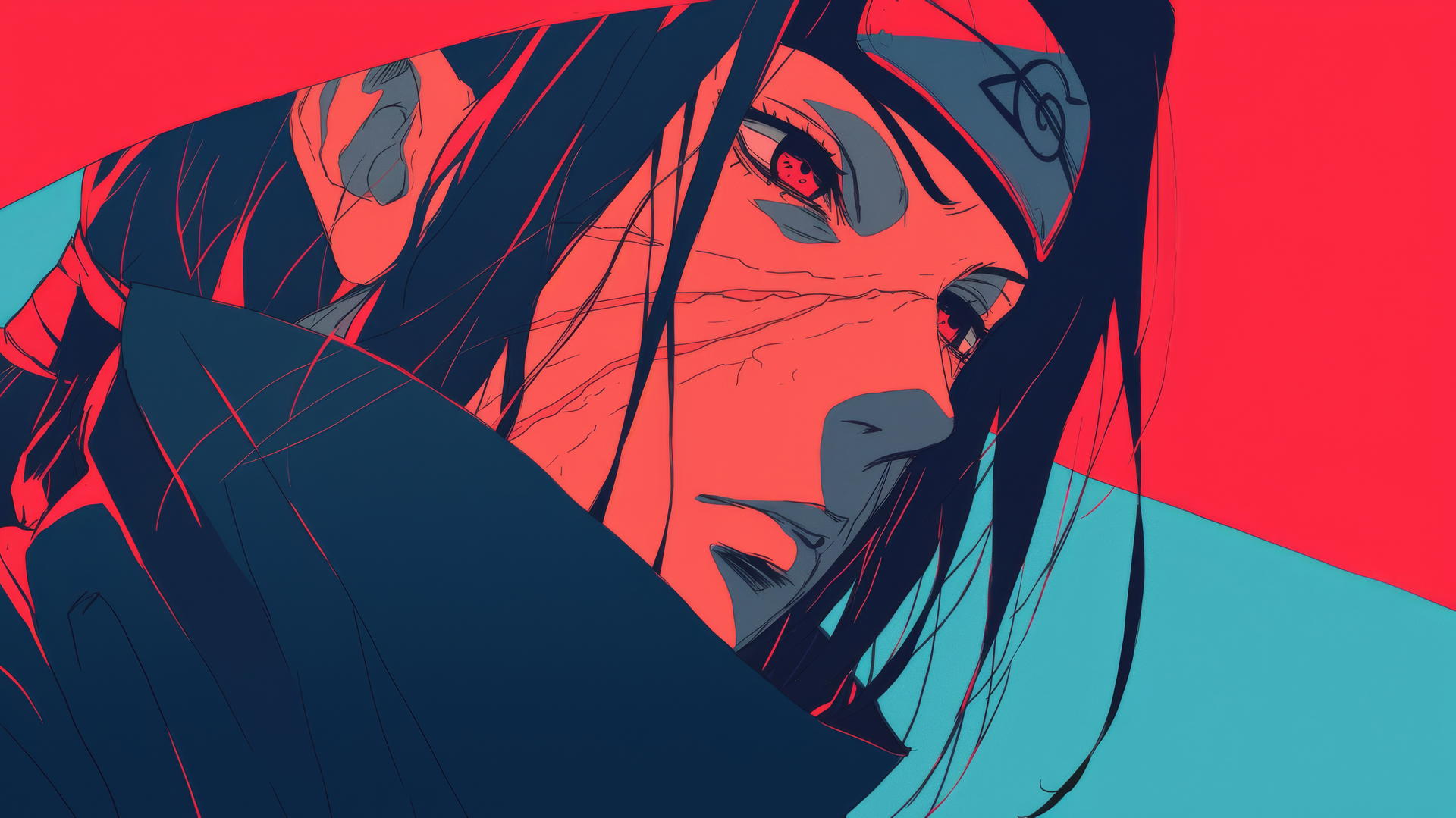 itachi uchiha drawing in retro anime style with bright colors and thick outlines