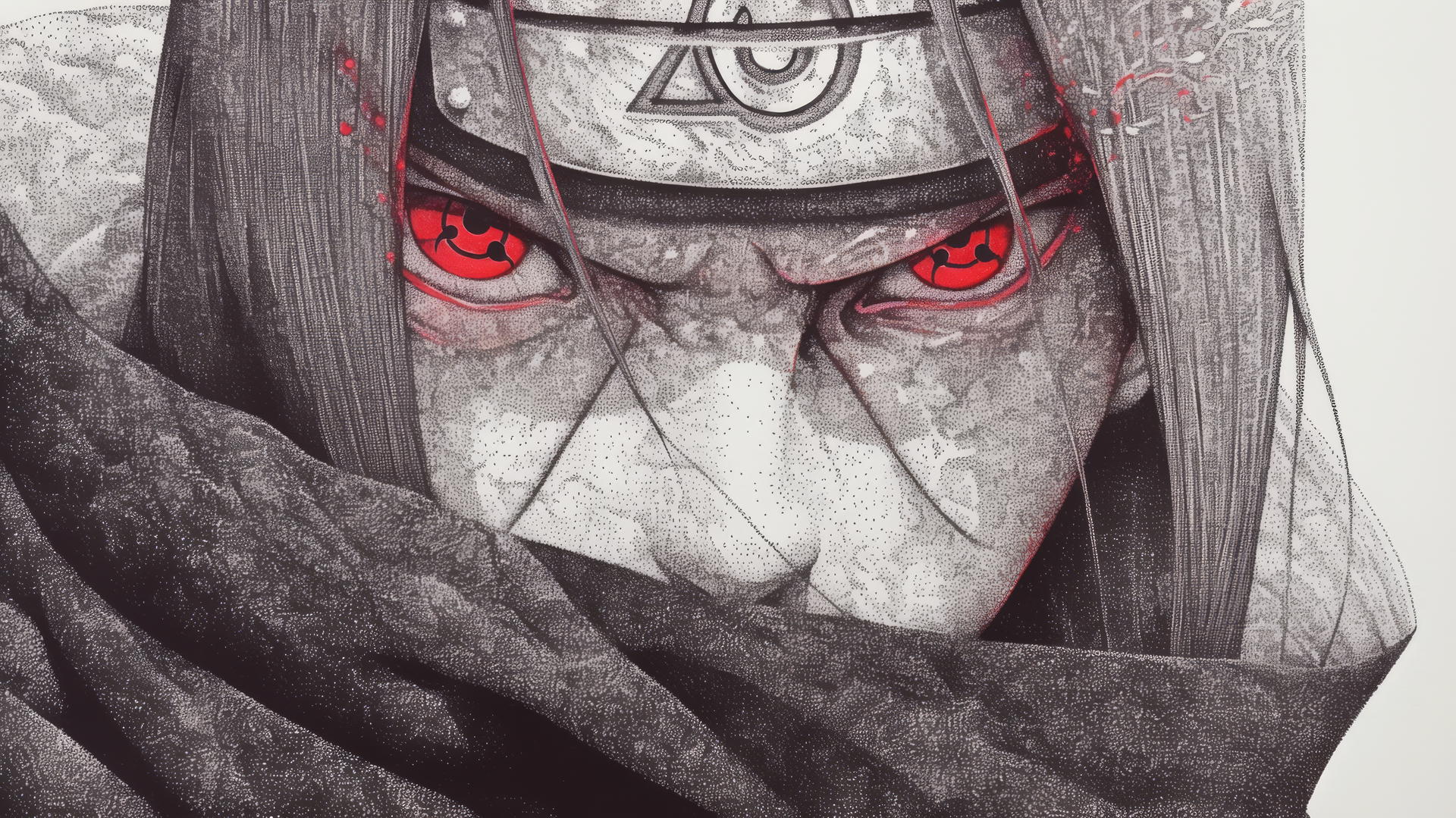 itachi uchiha drawing in pointillism art style, thousands of tiny dots detailed