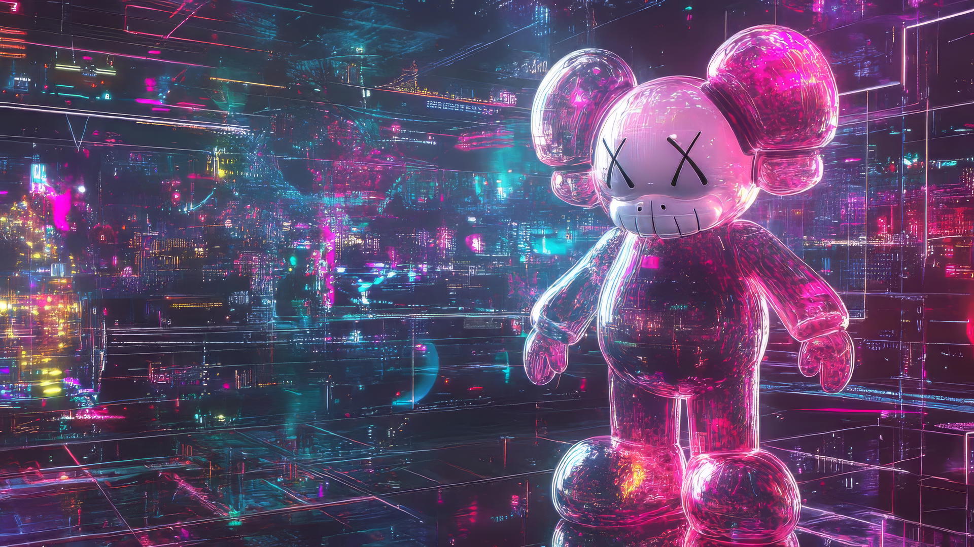 Kaws artwork with Companion in a holographic interface amid data streams