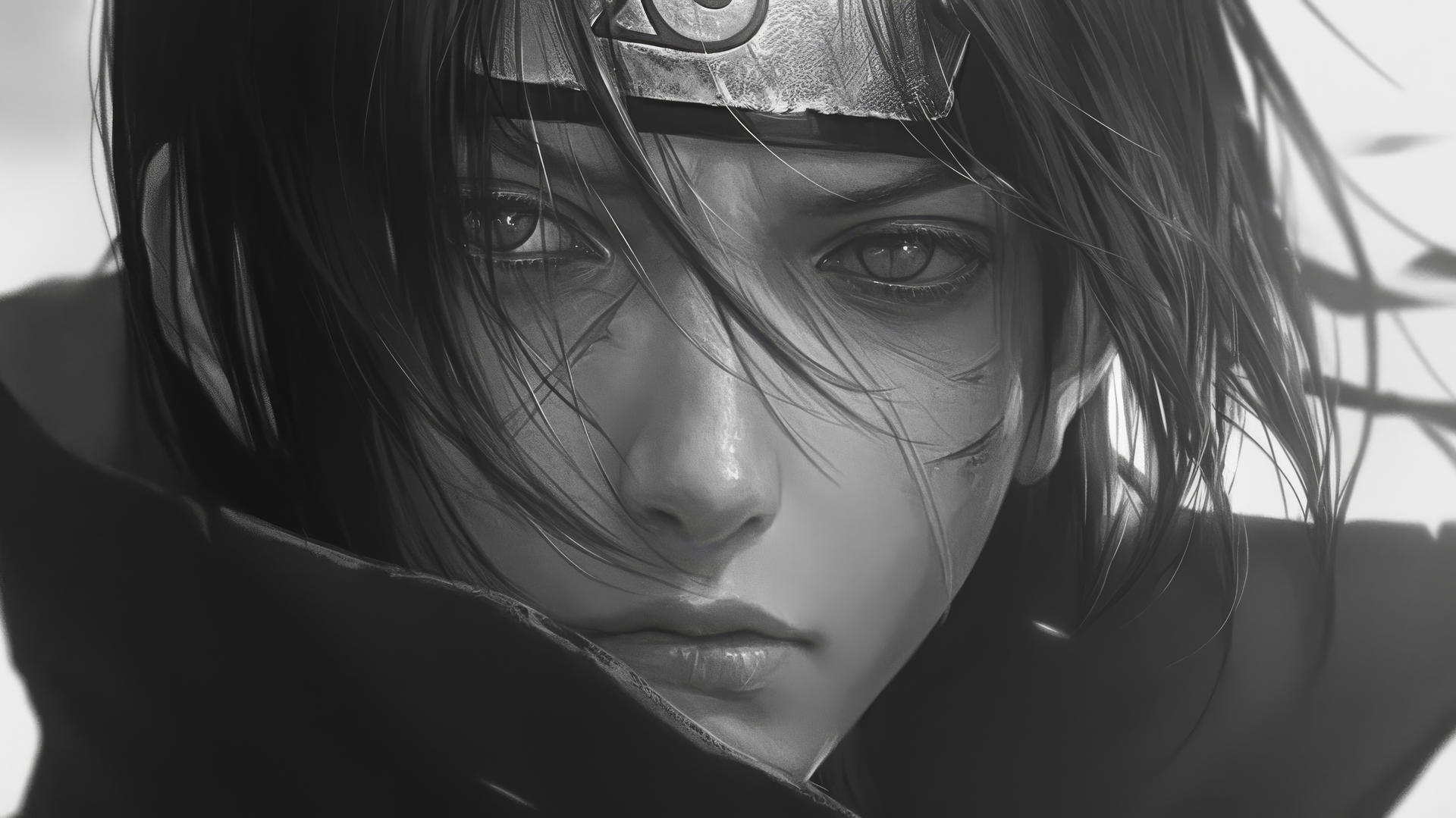 Itachi Uchiha drawing with graphite pencil, capturing lifelike texture and light.