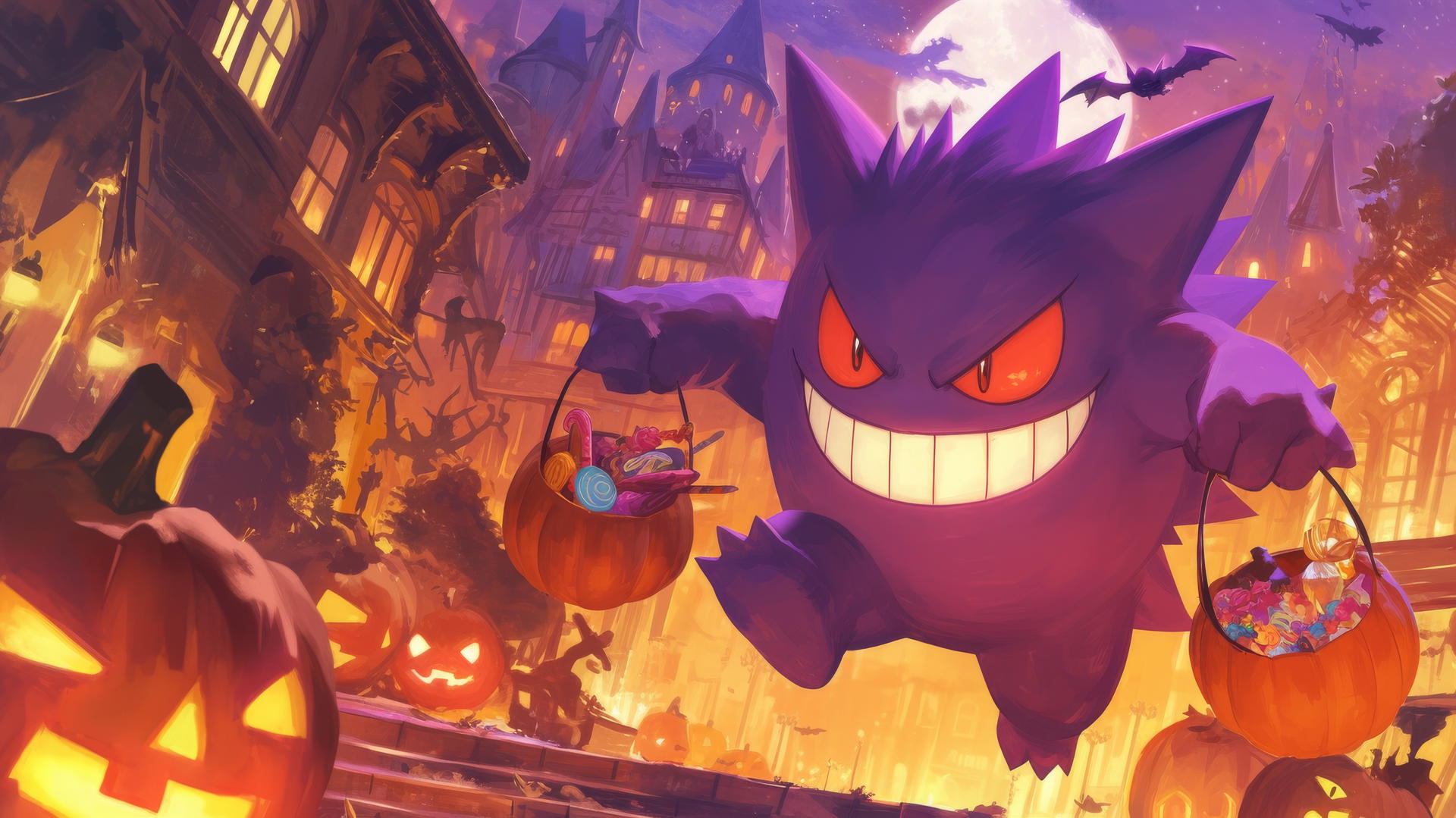 Gengar Pokémon enjoying Halloween festival with pumpkins and spooky decorations