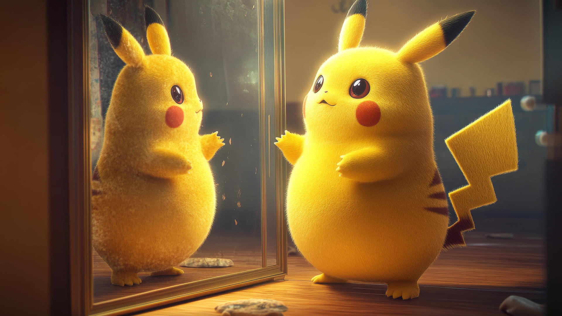 Fat Pikachu looking surprised at his own reflection with oversized belly
