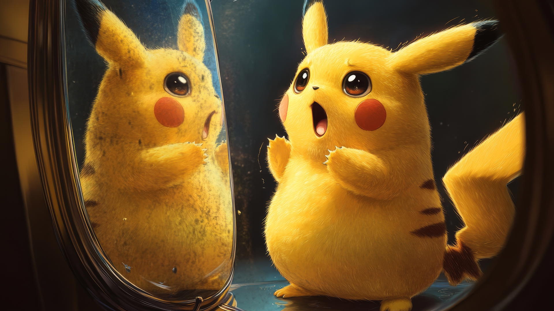 Fat Pikachu surprised by his reflection, oversized belly bulging.