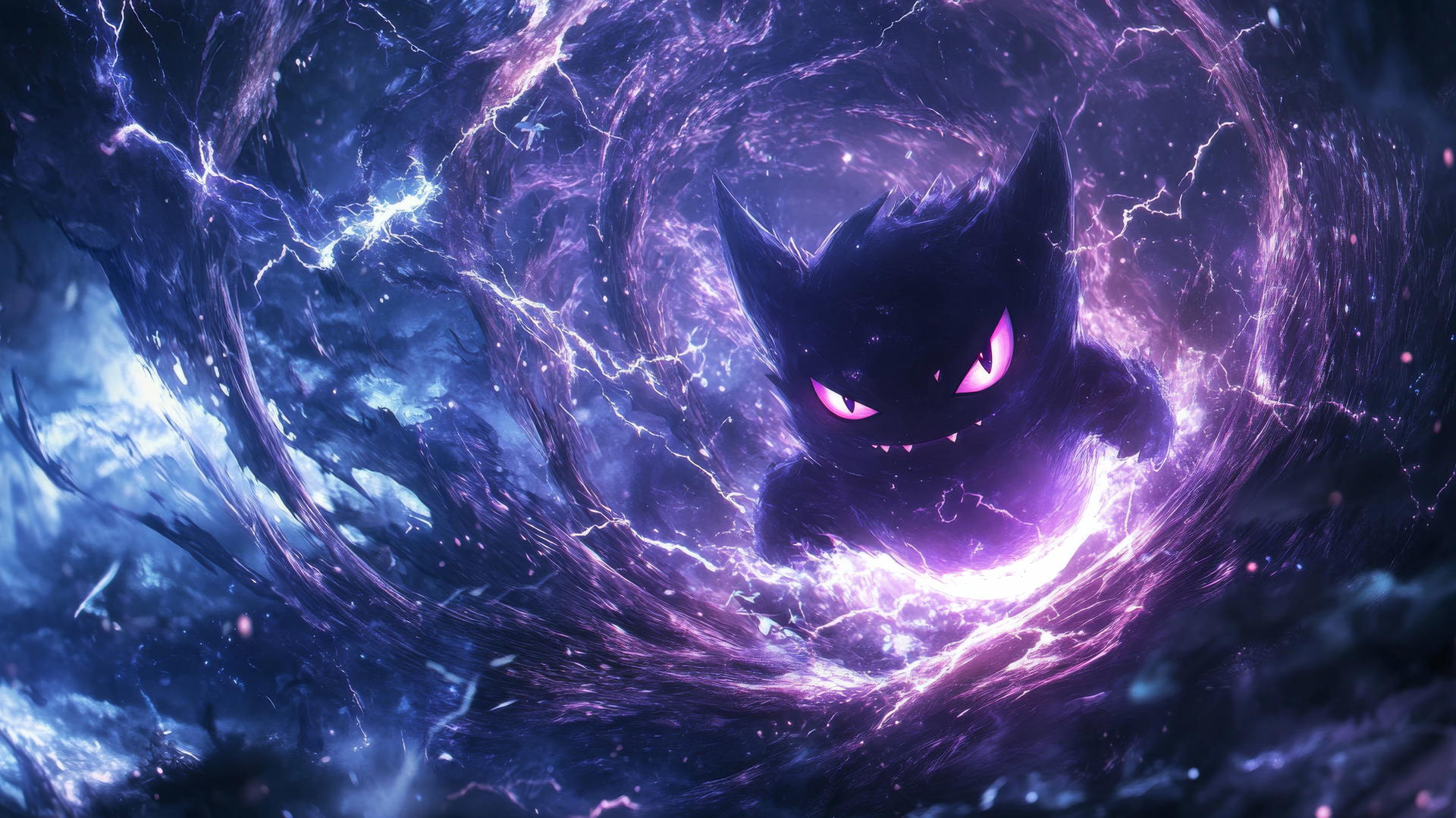Gengar Pokemon emerging from a swirling portal of dark energy