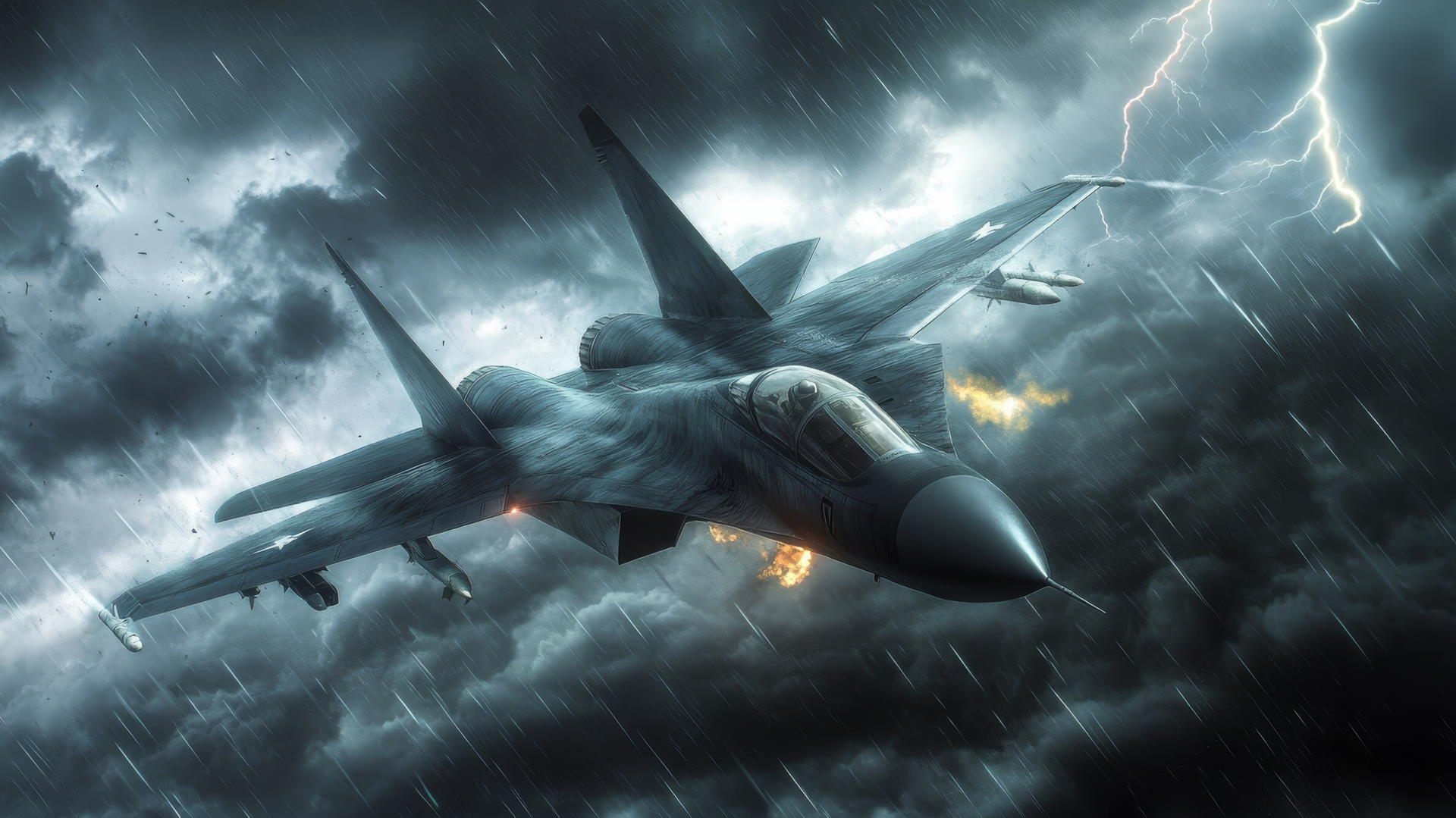 cool wallpapers for boys: fighter jet flying through stormy skies with thunder and lightning