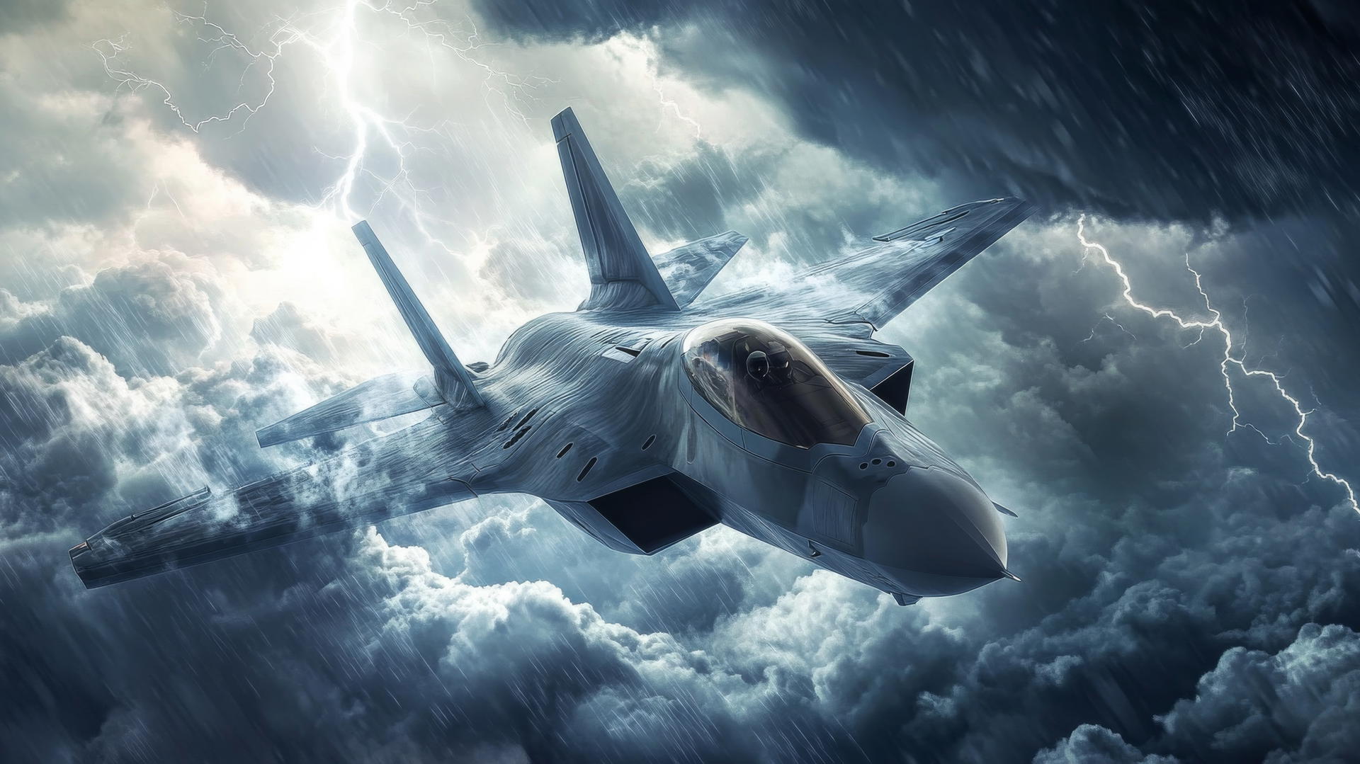cool wallpapers for boys featuring a fighter jet flying through stormy skies with thunder and lightning