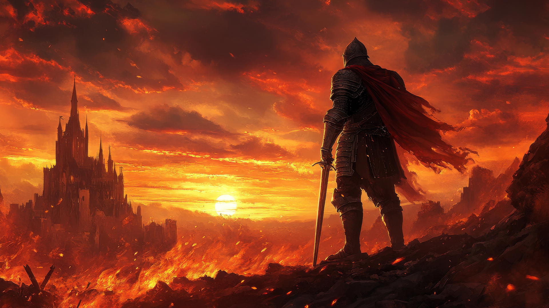 A heroic knight in shining armor standing tall on a battlefield with a fiery sunset and towering castles in the background, cool wallpapers for boys