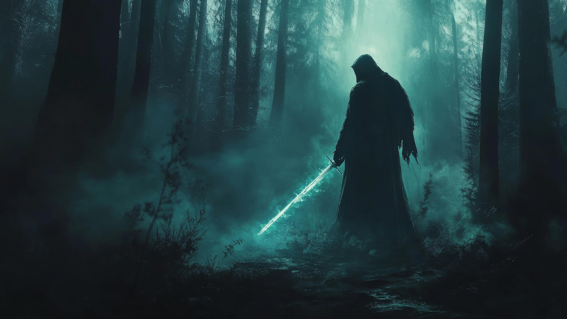cool wallpapers for boys featuring a mysterious warrior in a dark forest holding a glowing sword