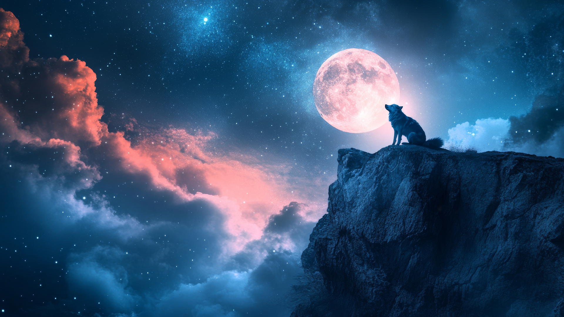 A powerful wolf howling at the full moon atop a rocky cliff with a starry sky - cool wallpapers for boys