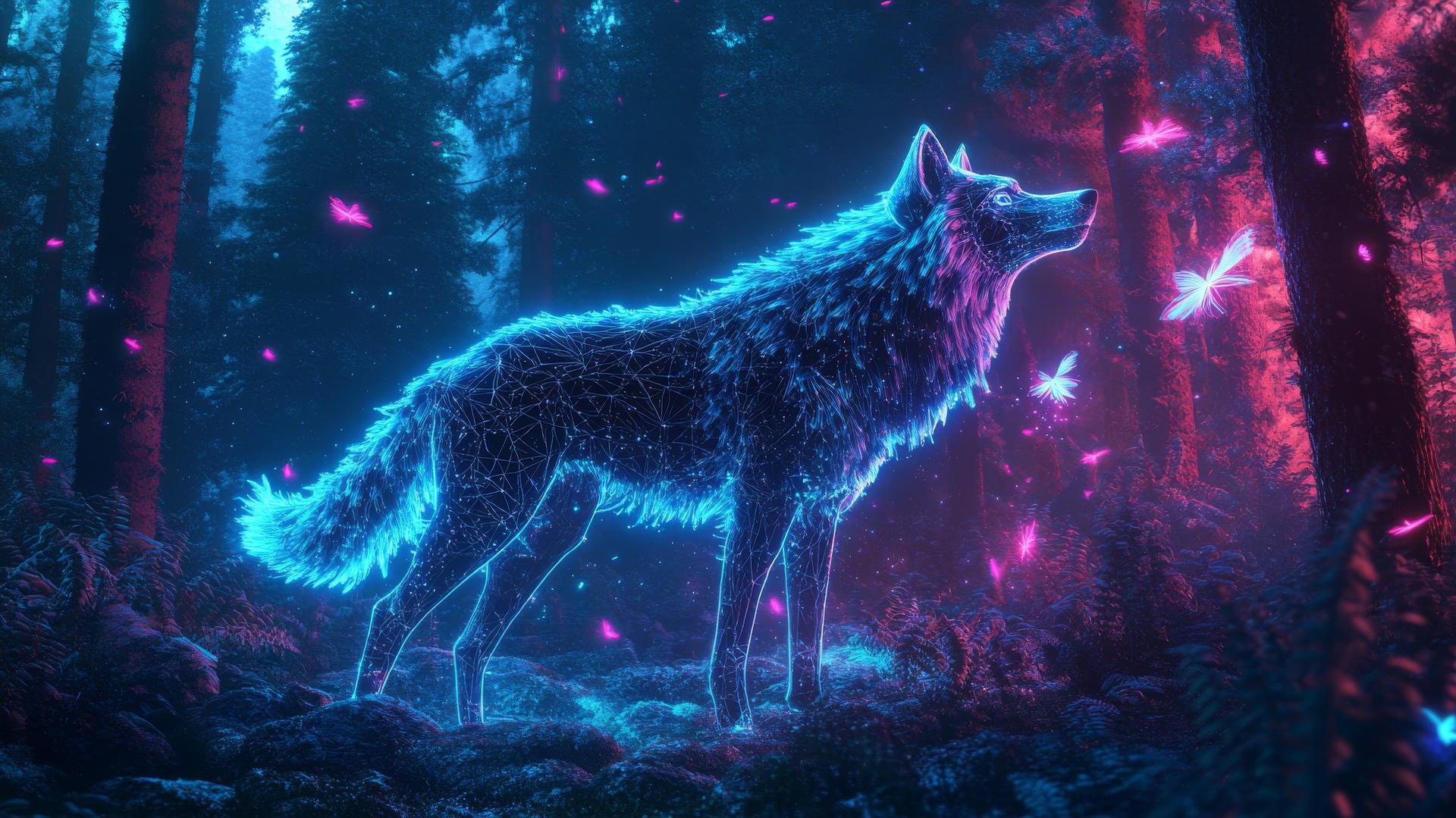 A glowing wolf with cybernetic enhancements howling in a futuristic forest, surrounded by neon trees and digital fireflies, cool wallpapers for boys.