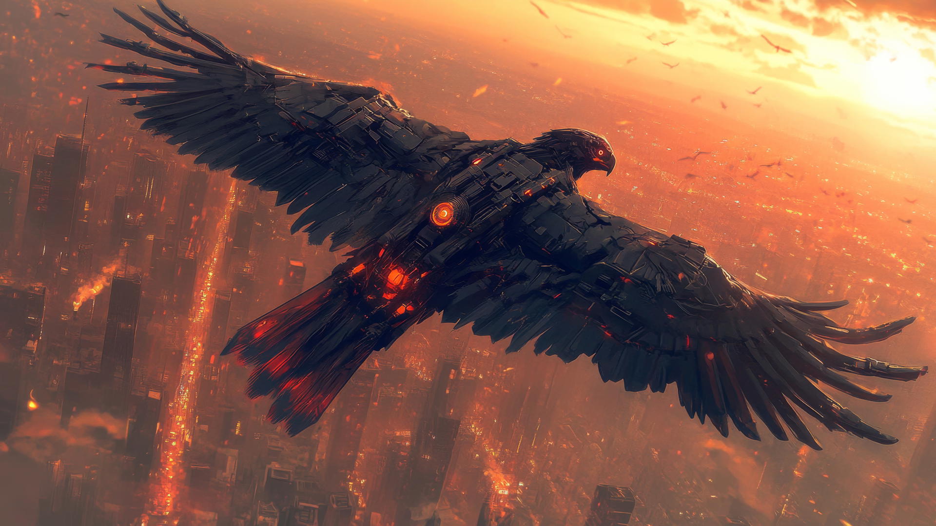 cool wallpapers for boys: robotic eagle soaring over futuristic city at dawn