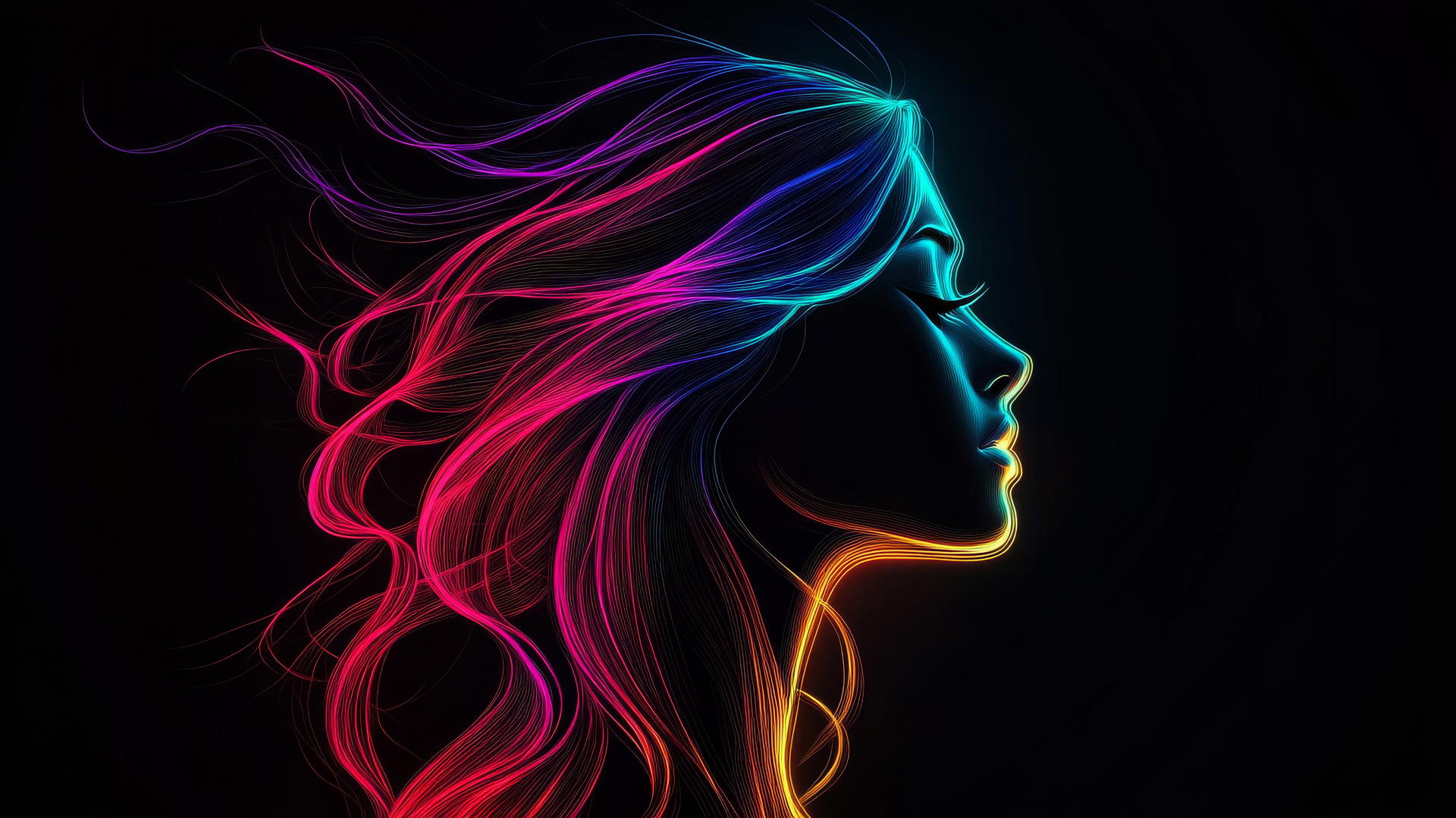 Minimalist silhouette of a girl's face with glowing neon outlines and soft hair highlights on a black background.