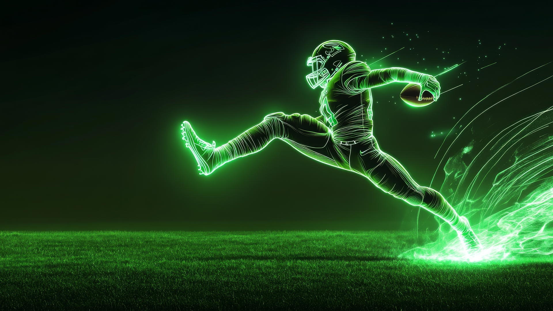 Glowing outline of an NFL player kicking off with neon football trail on a dark green field.