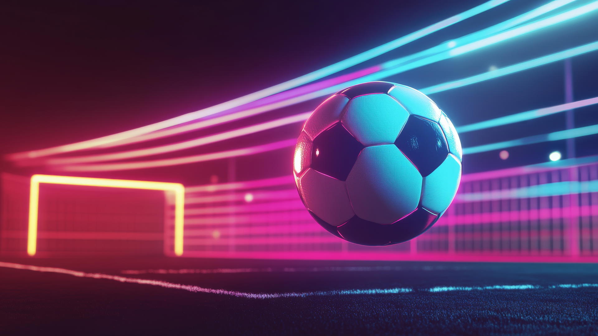 Vector of a glowing soccer ball mid-air with neon light trails on dark background
