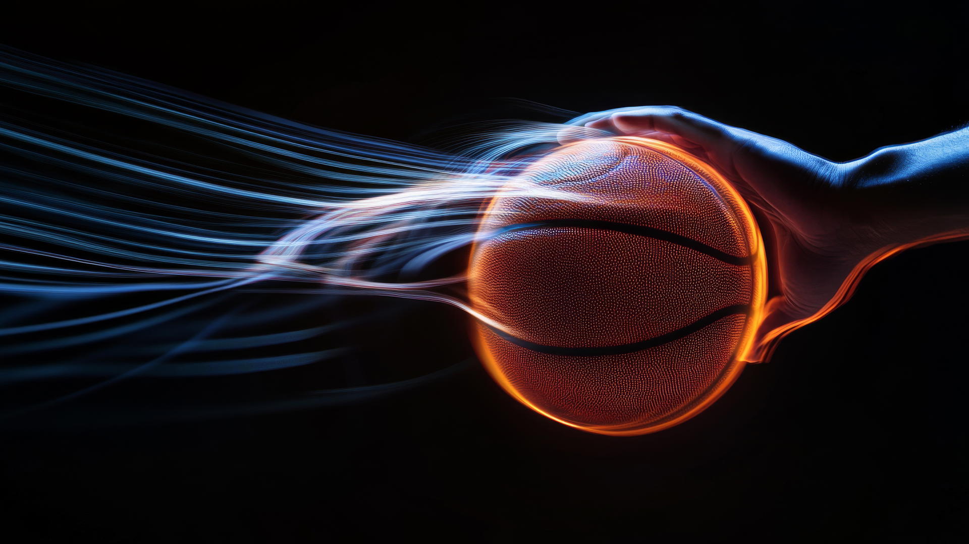 Glowing outline of a basketball spinning on a finger with light trails against black background.