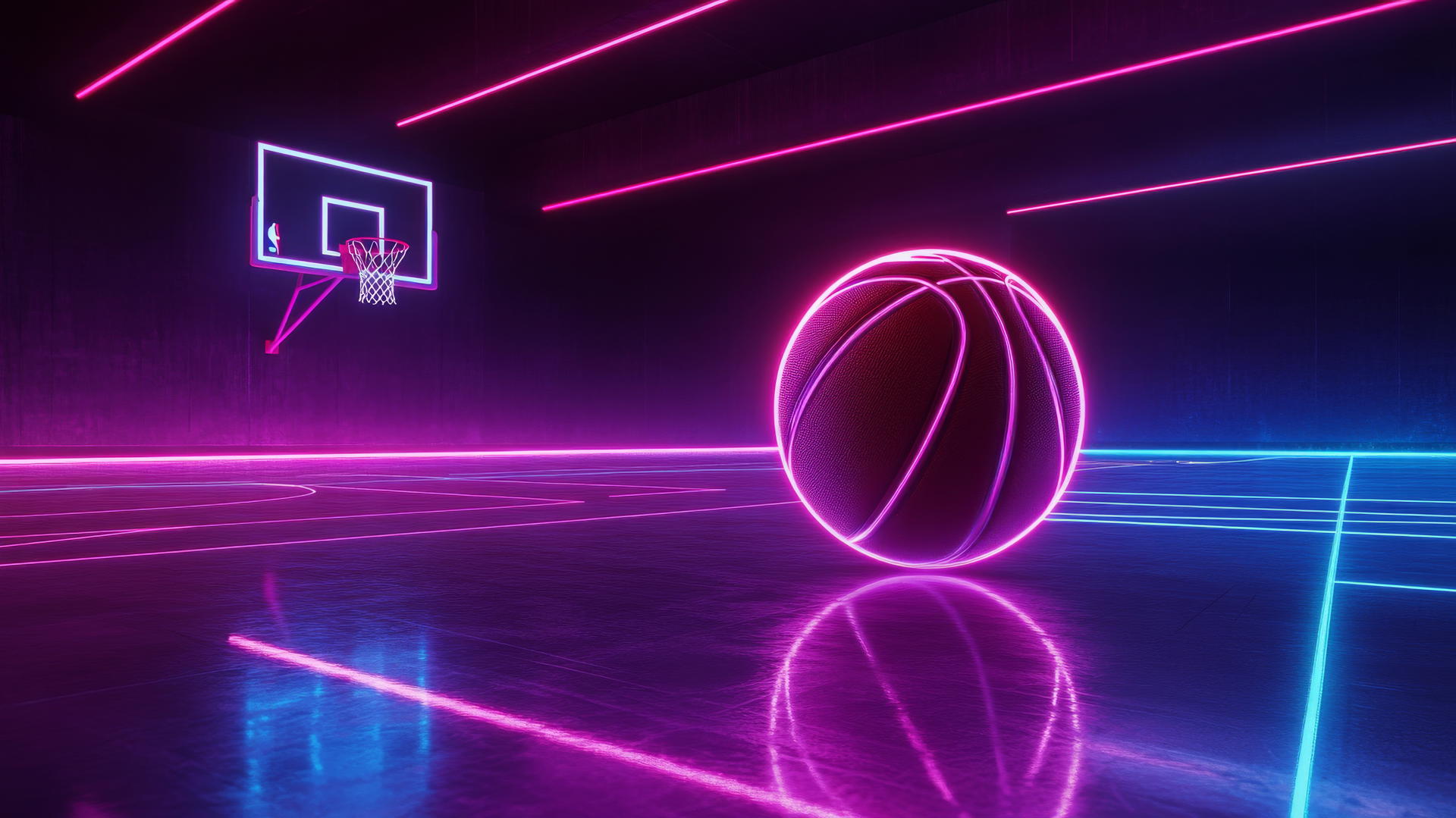 glowing outline of a basketball on neon-lit court with hoop