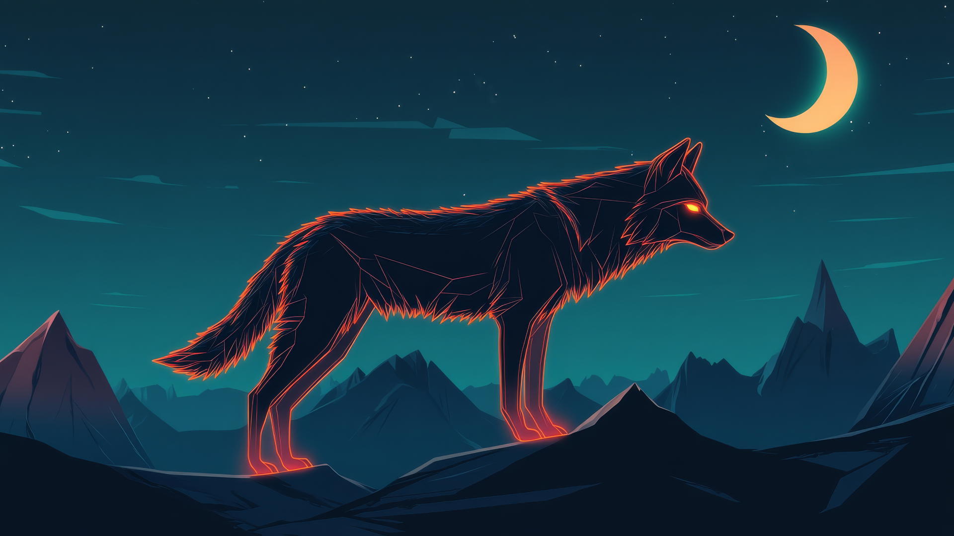 Side profile of wolf with glowing outlines against minimalist mountain landscape and crescent moon