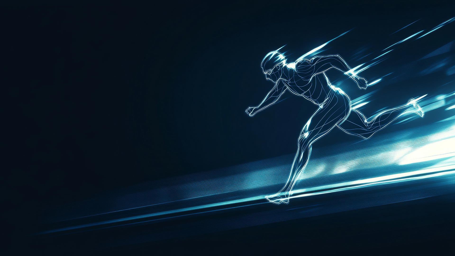 Minimalist design of sprinter mid-race with glowing outlines against flat track