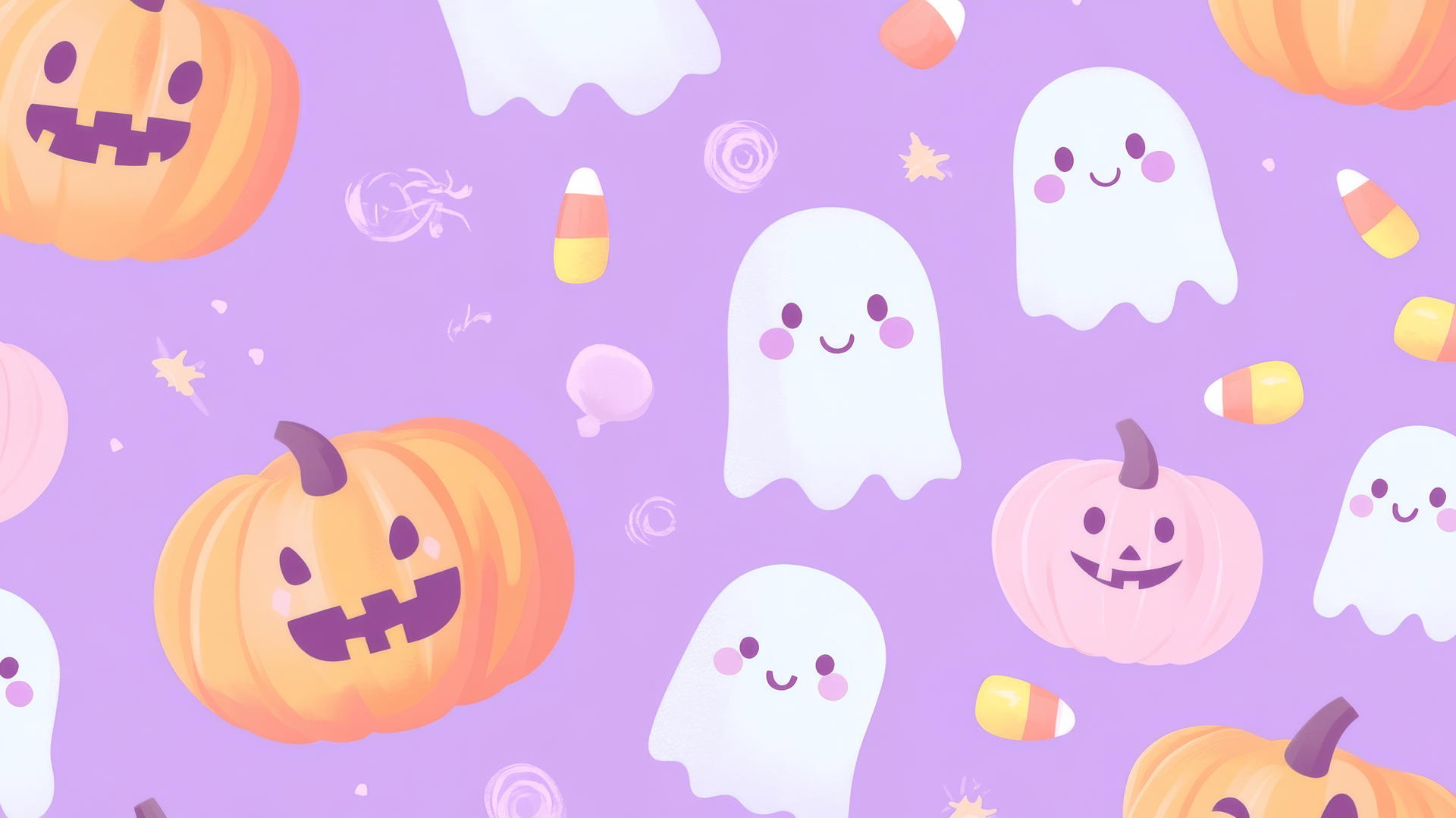 Cartoon pumpkins, ghosts, and candy corn on pastel purple.