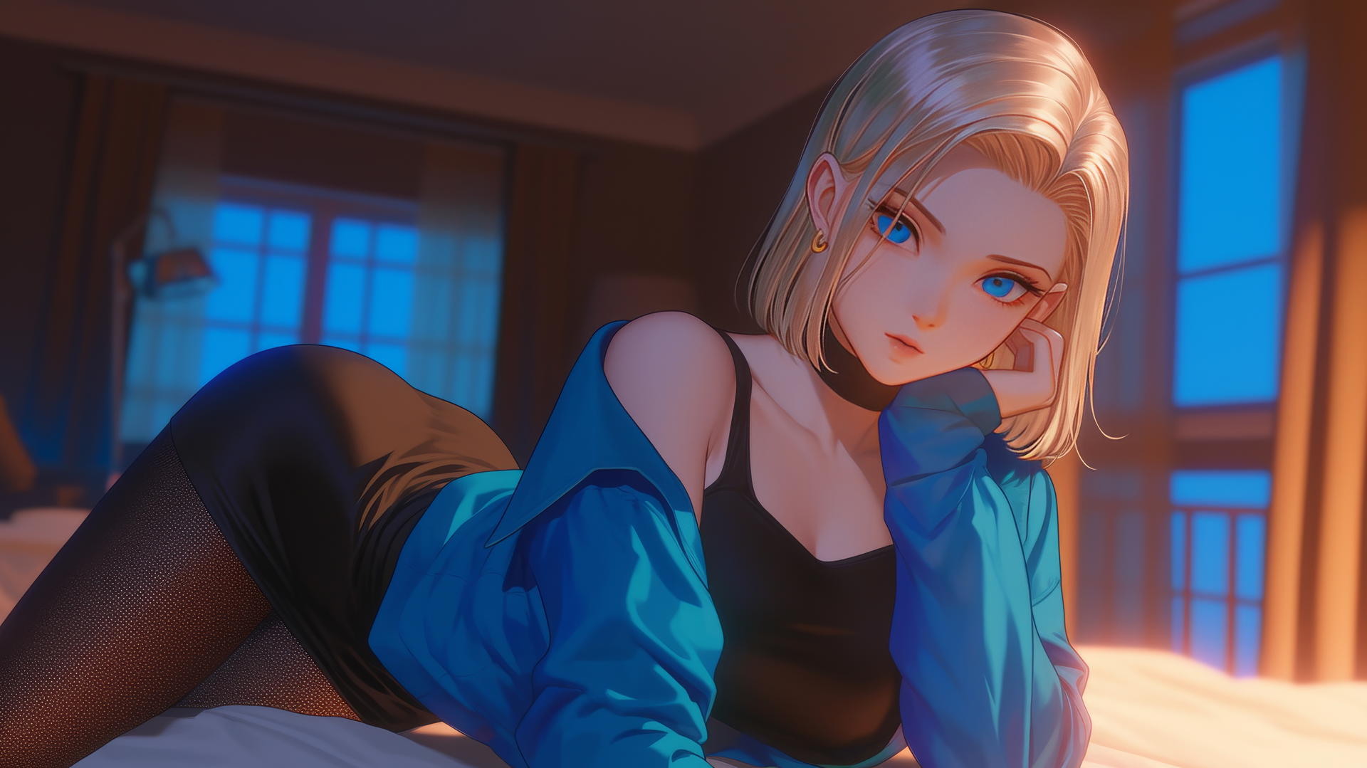 Android 18 in a hotel with short blonde hair