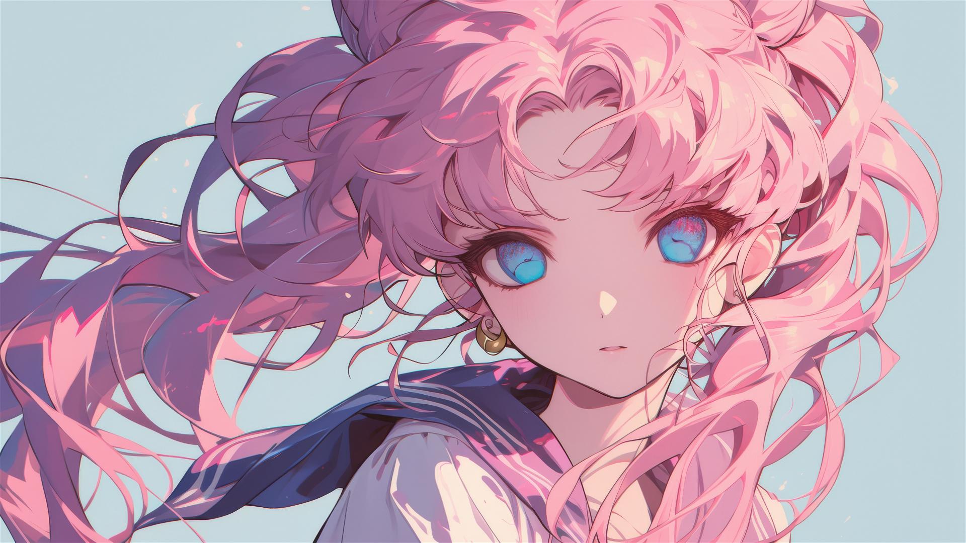 1980s anime style girl with long pink hair and beautiful eyes