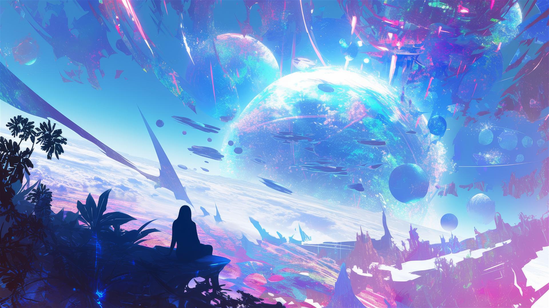 Silhouette against a colorful, utopian alien world.