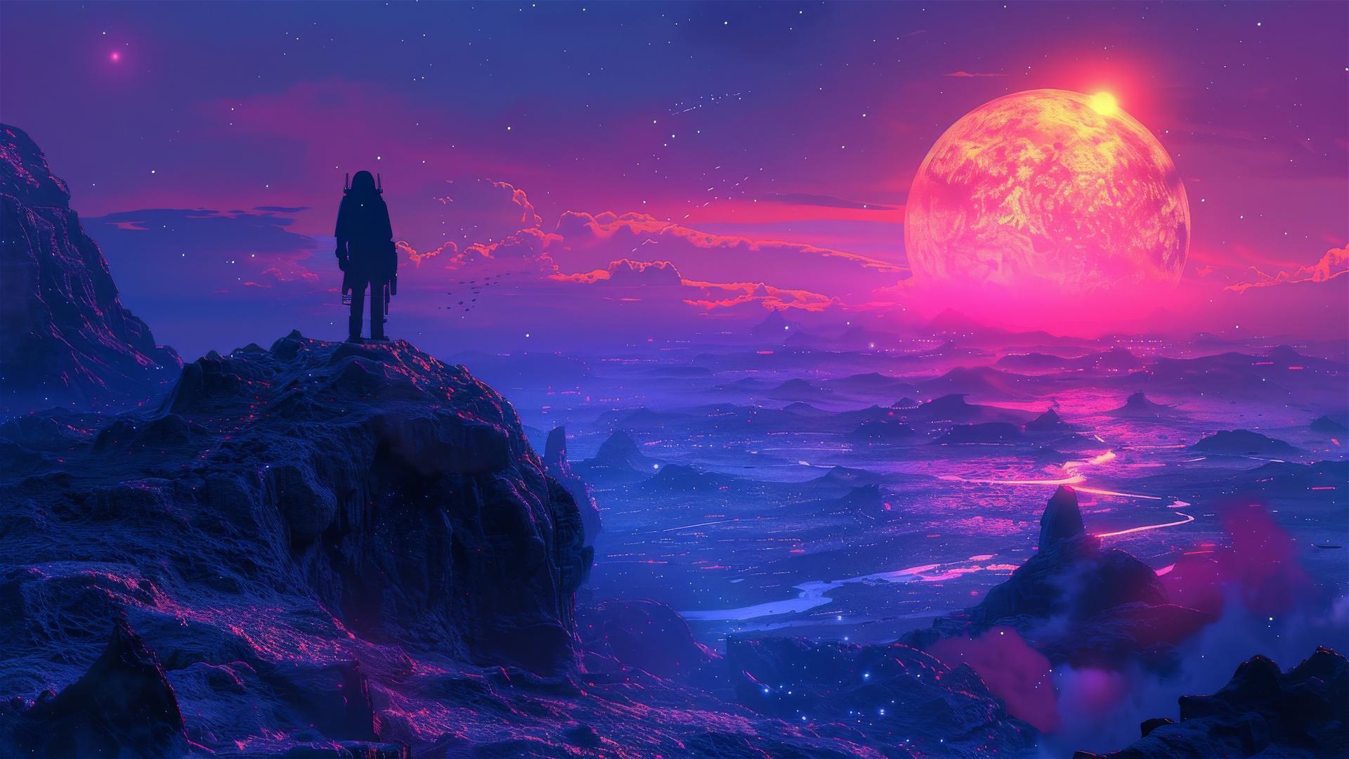 Silhouette on colorful utopian planet with advanced aliens.