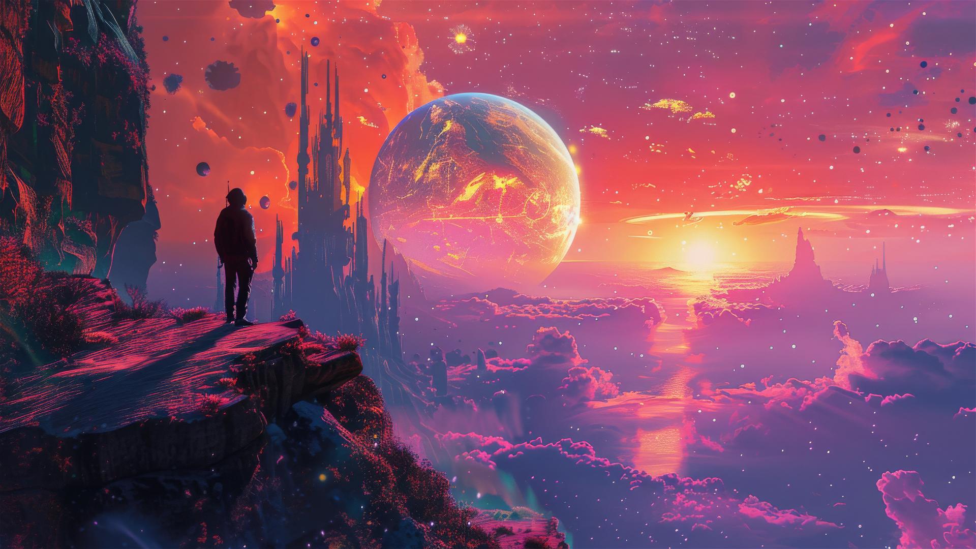 Silhouette on colorful utopian planet with advanced aliens.