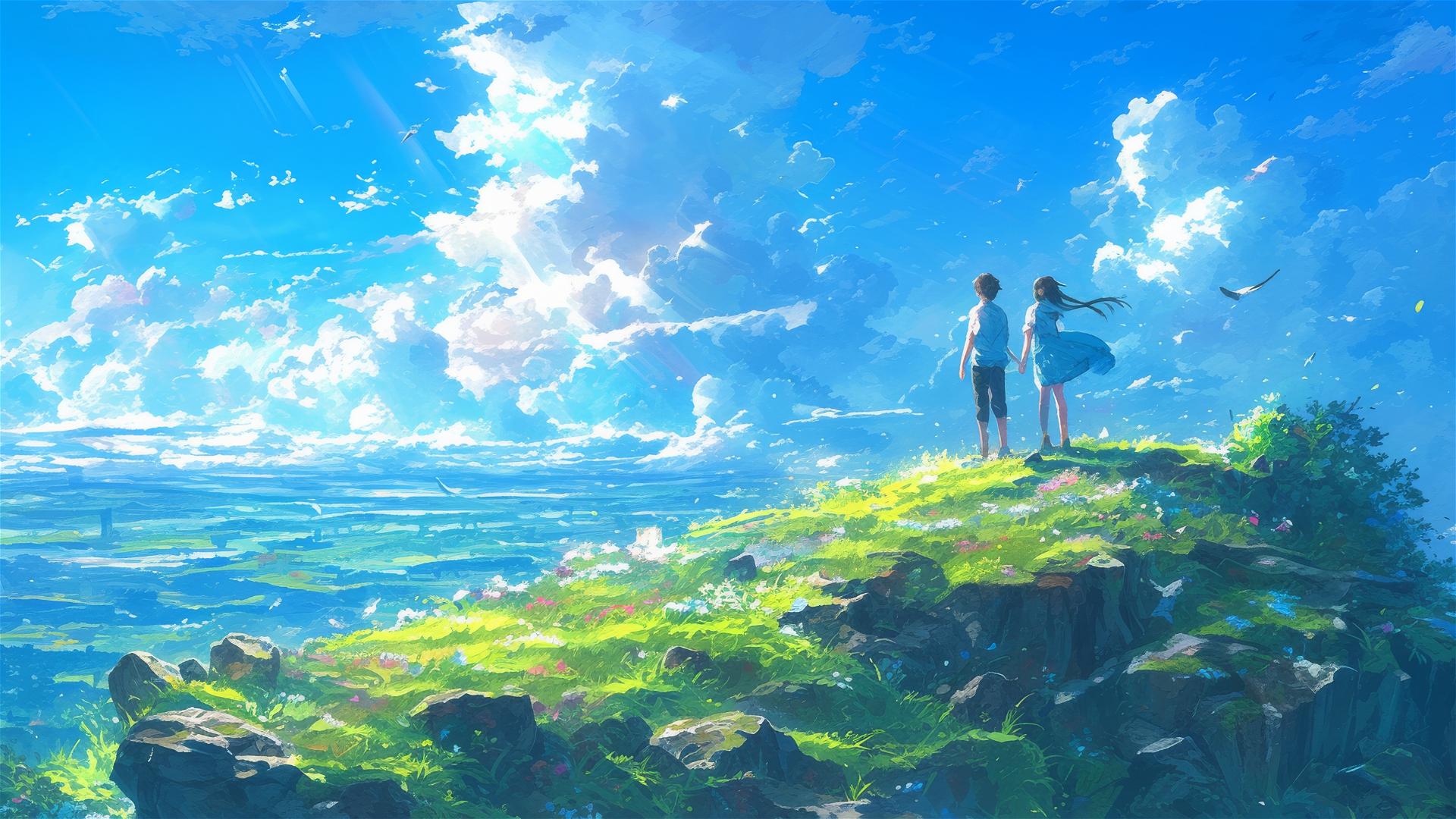 Anime couple on hilltop admiring clouds in sunlight