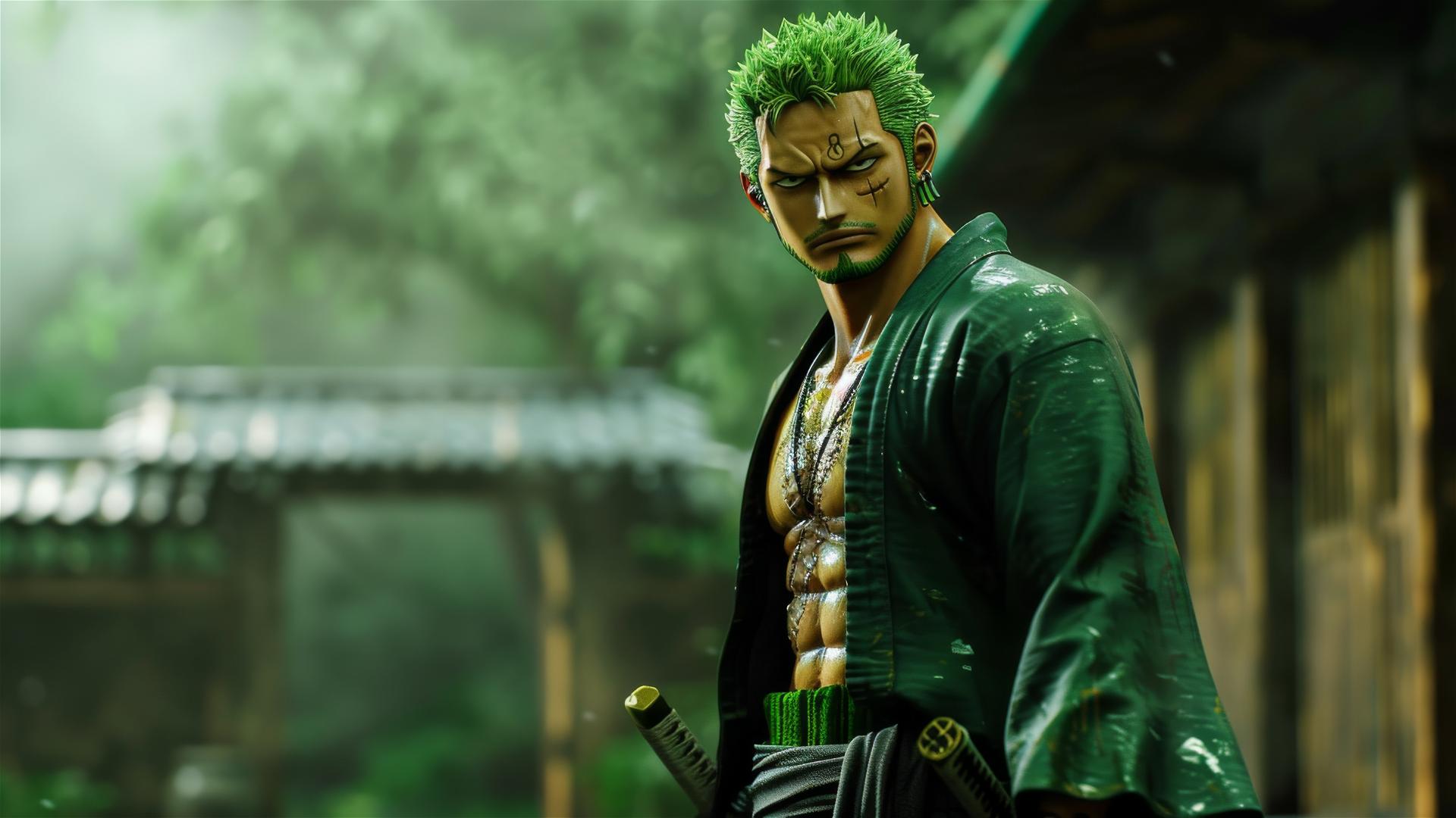 Super realistic image of lonely Zoro Roronoa from One Piece.