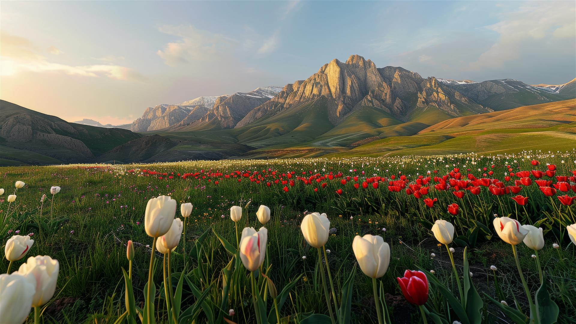 Sunset view of hills with white and red tulips, grassy areas, and idol-shaped mountains.