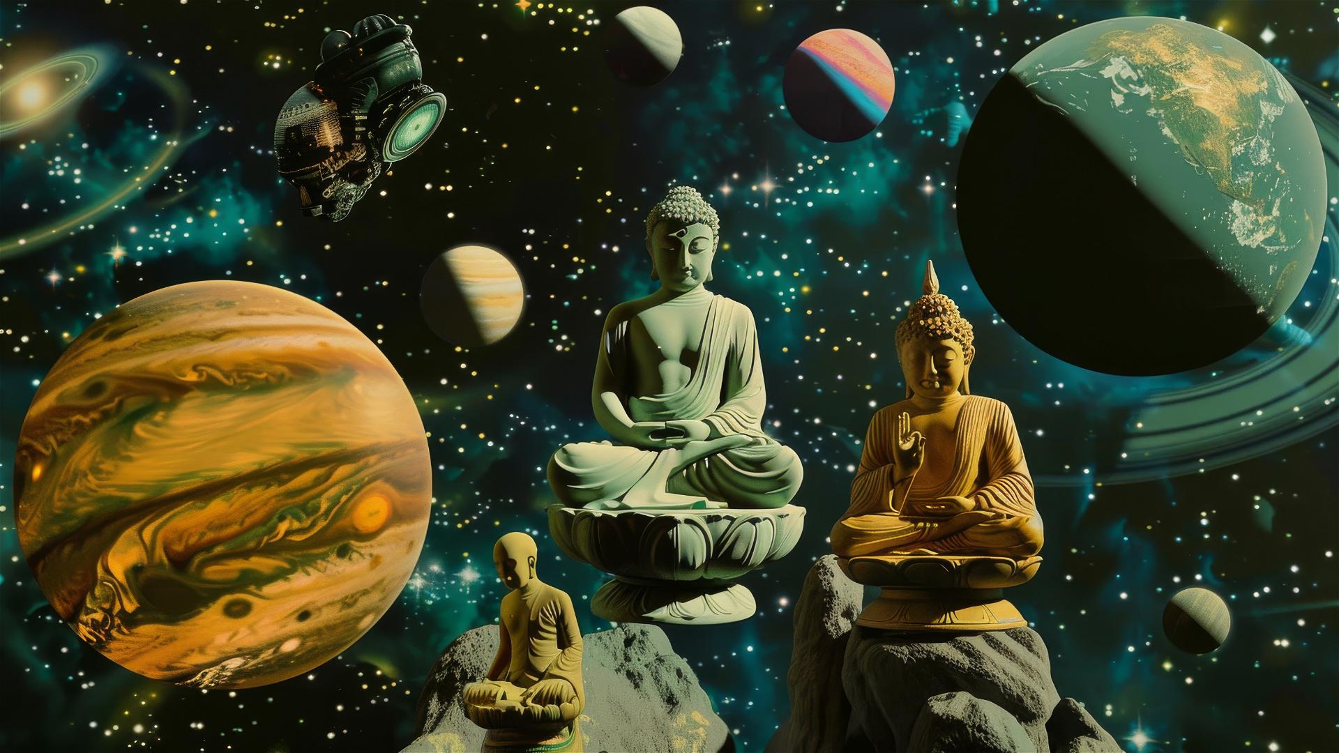 Space Buddhas floating with a 50s pulp novel style solar system backdrop.