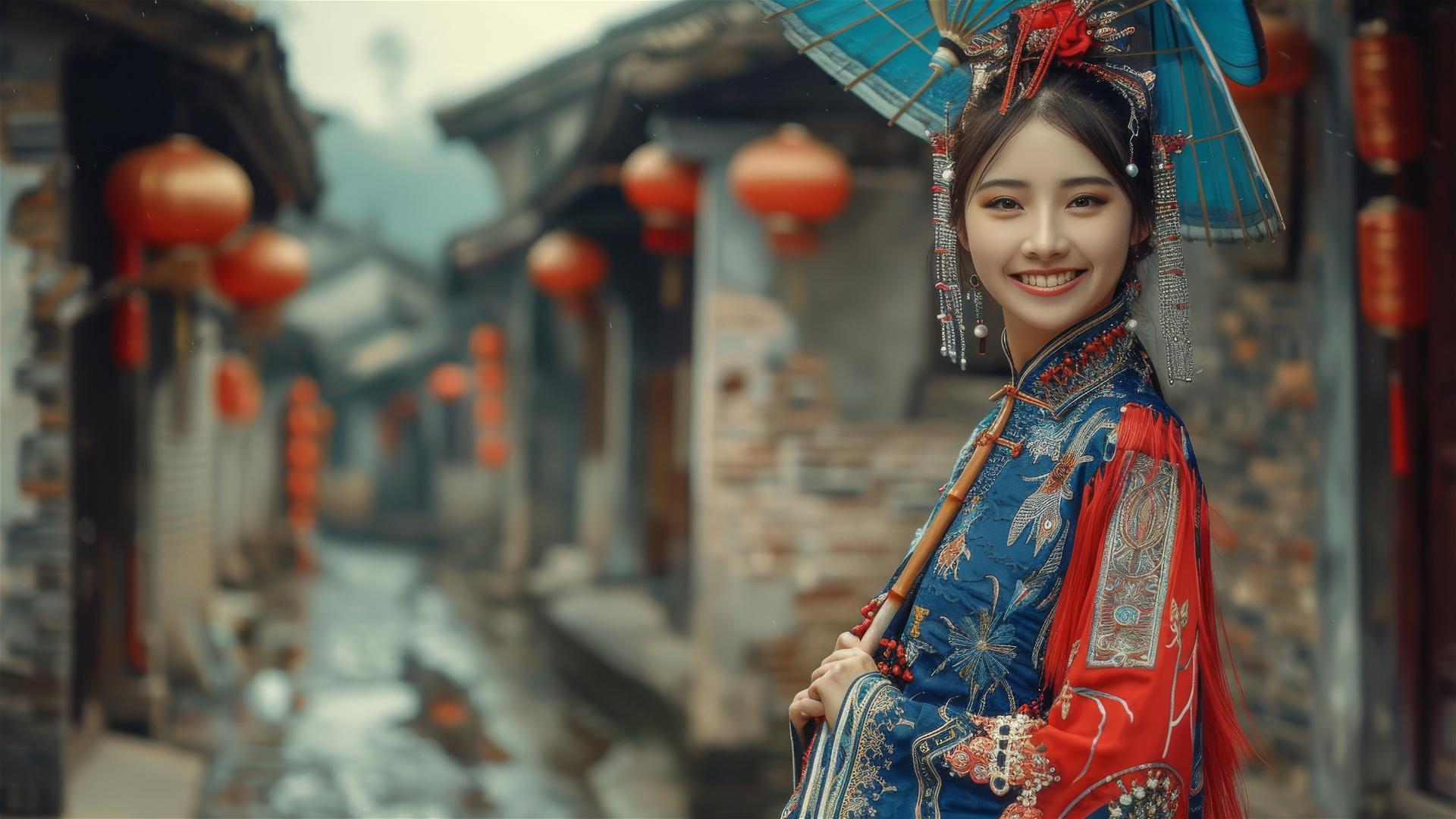 Ni Ni smiling in red and blue Guangxi Zhuang attire, photographed by Chen Man.