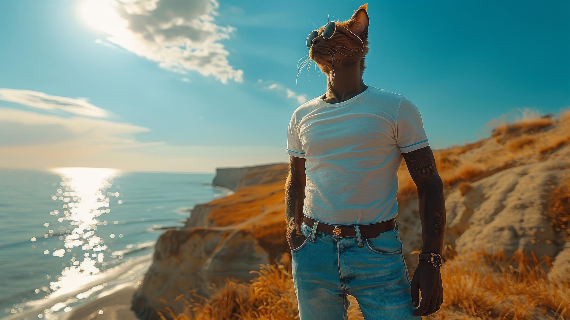 Anthropomorphic cat man in casual attire posing by the ocean