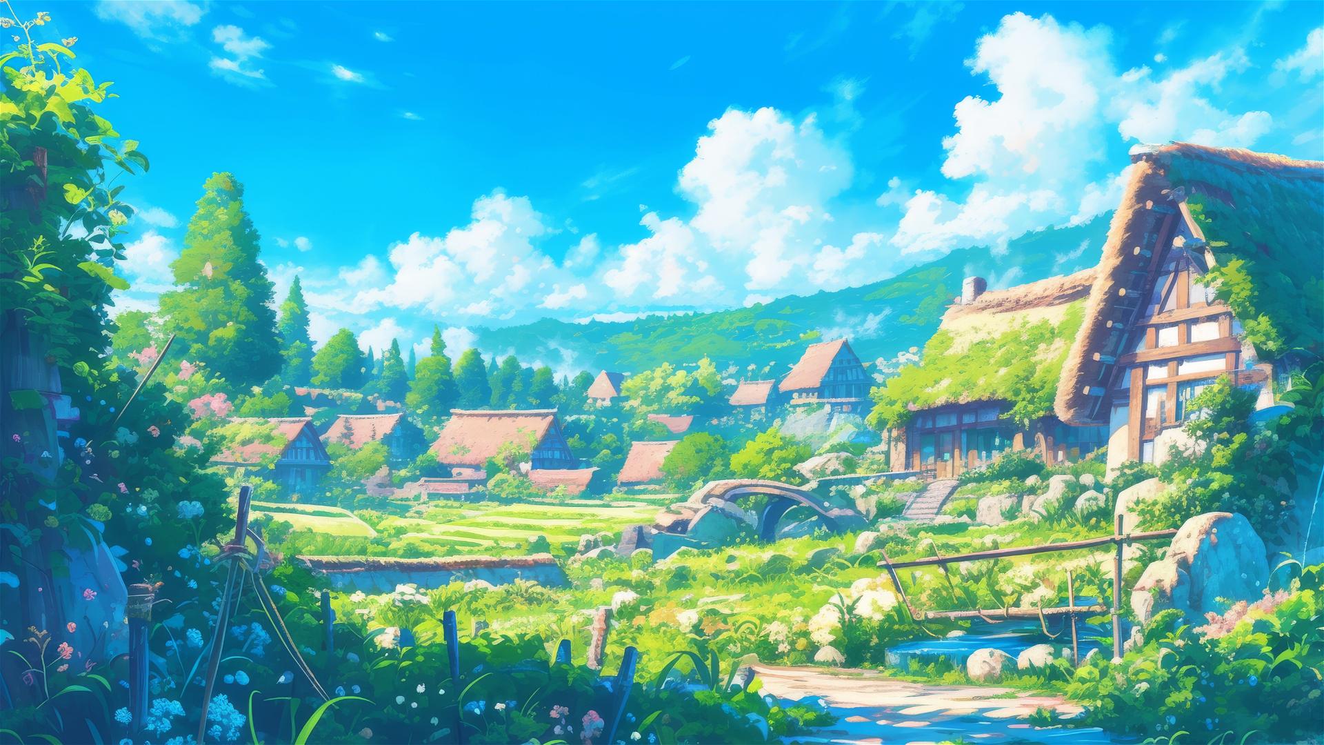 Ghibli-style serene village with vibrant colors and whimsy.
