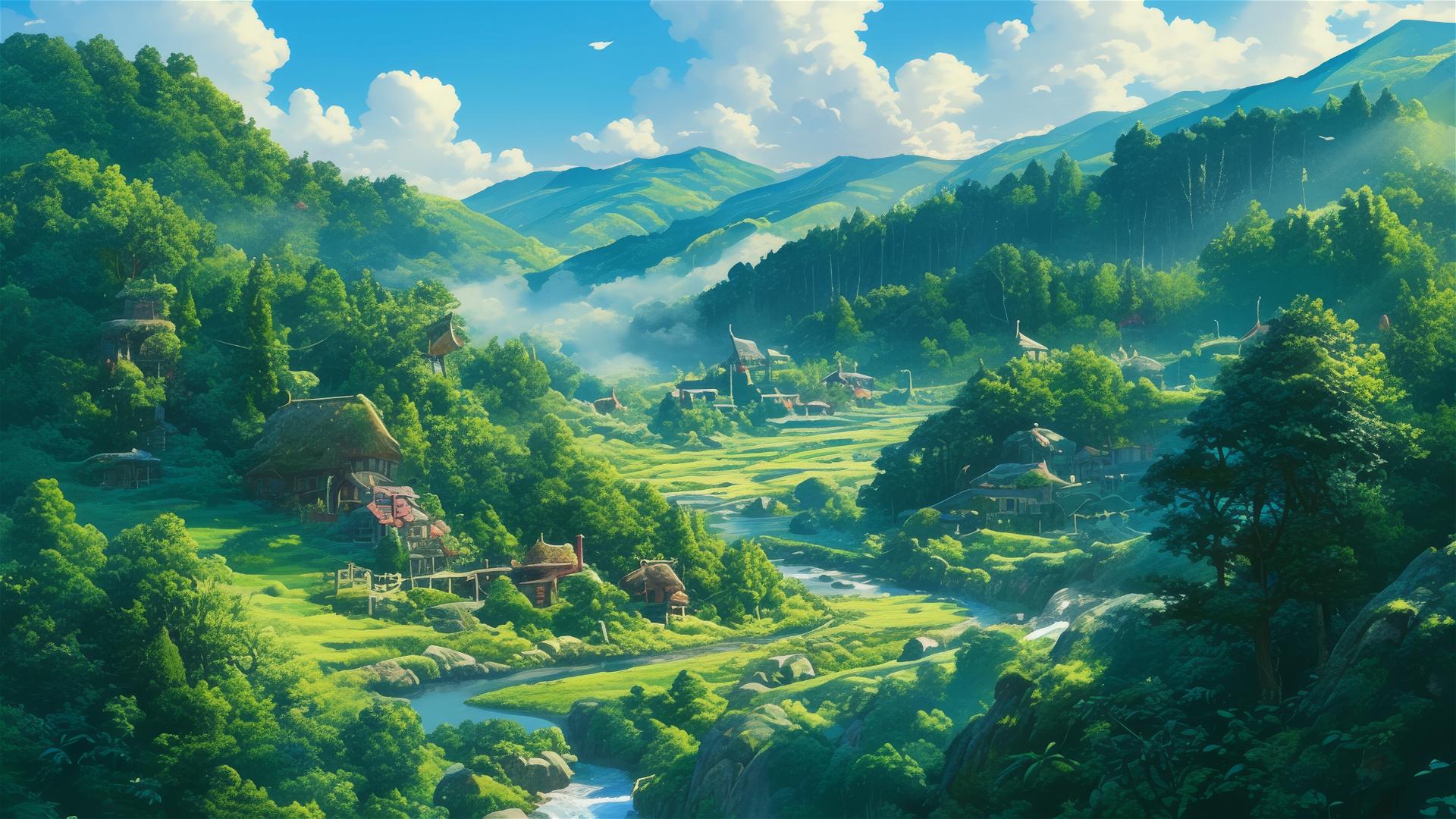 Ghibli-style village with forests and mountains