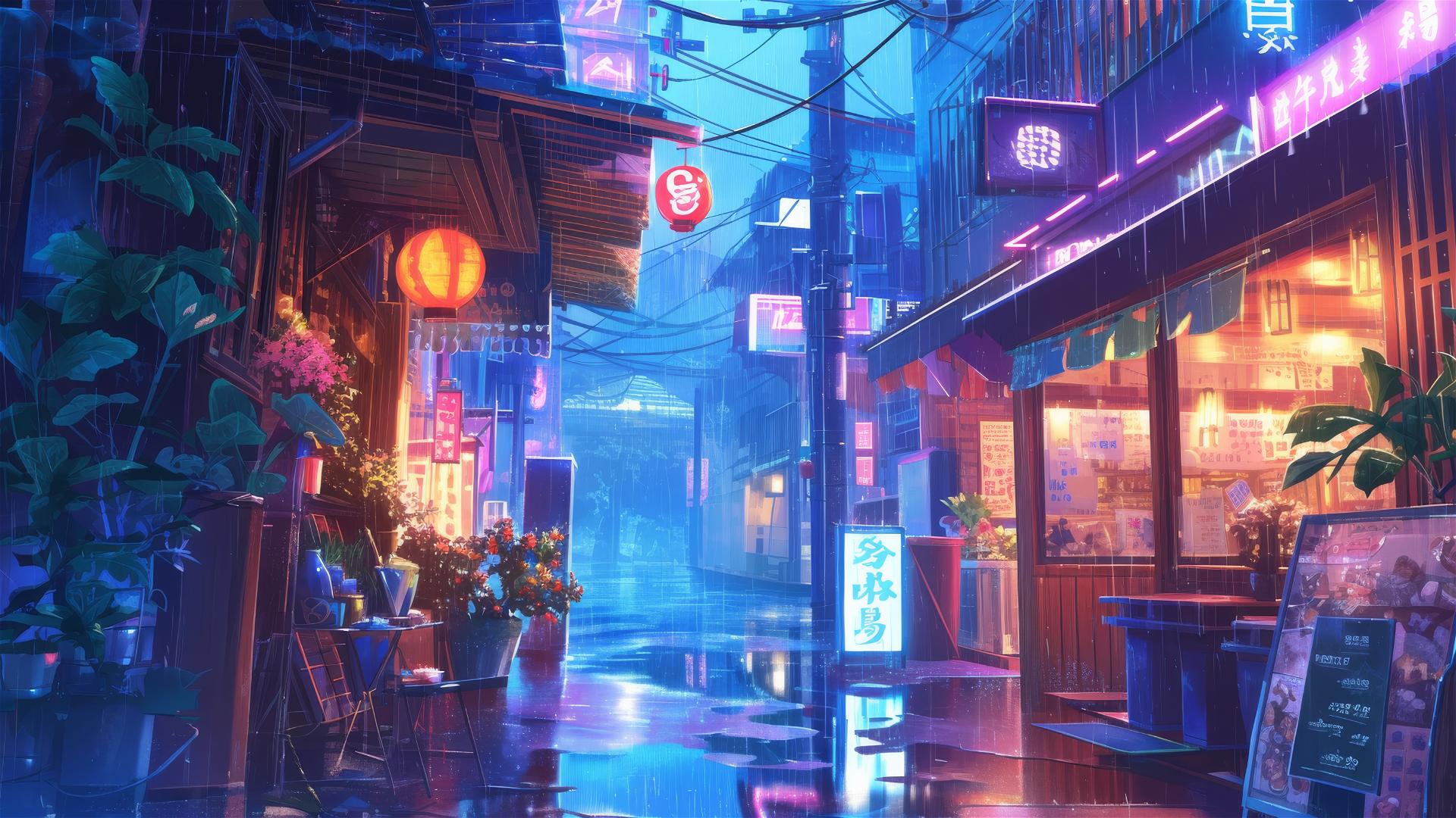 Anime-style Ghibli alley with neon signs and puddles on a rainy evening.