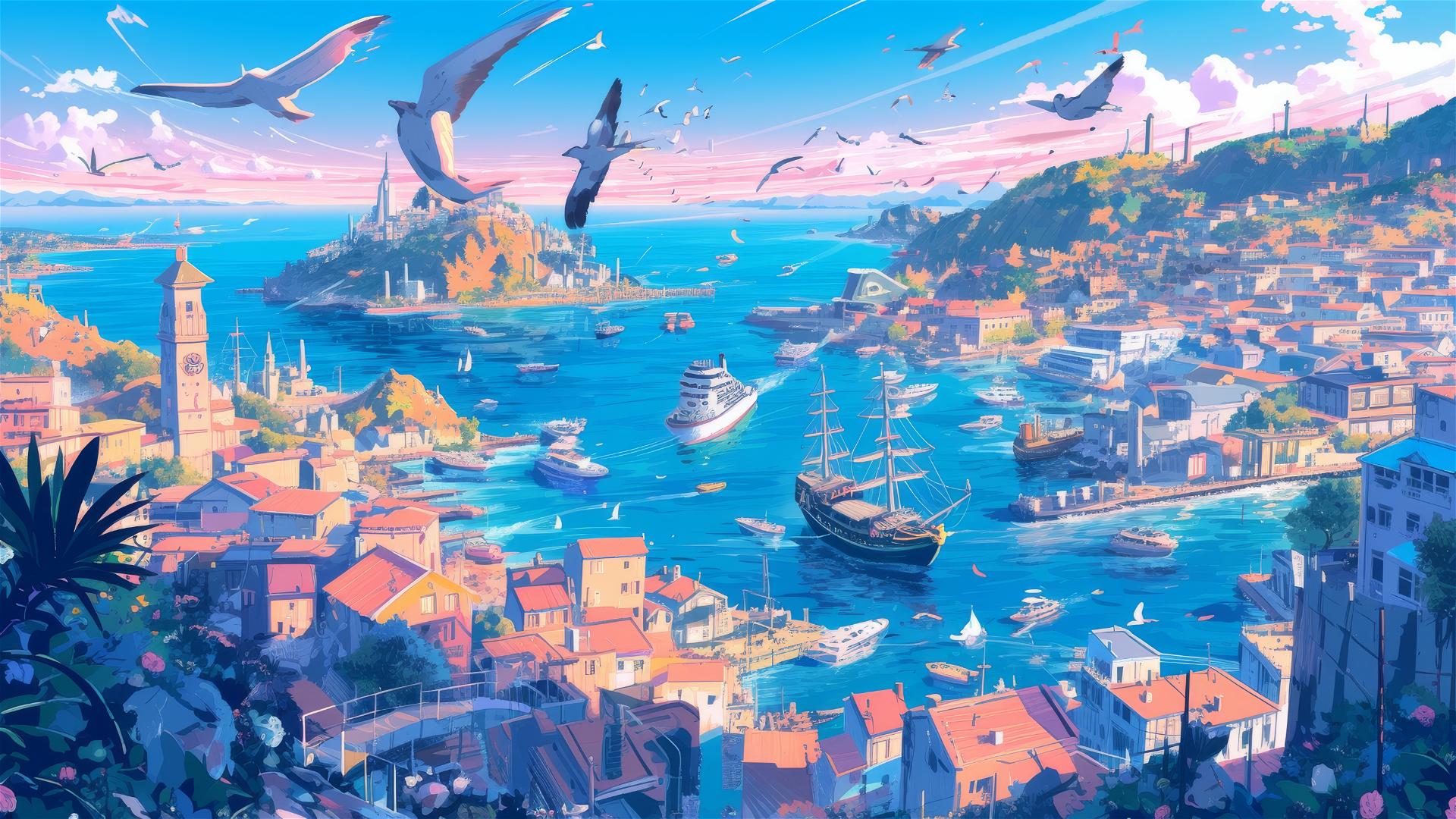 Anime harbor at sunset, ships, mythical beasts, Ghibli style.