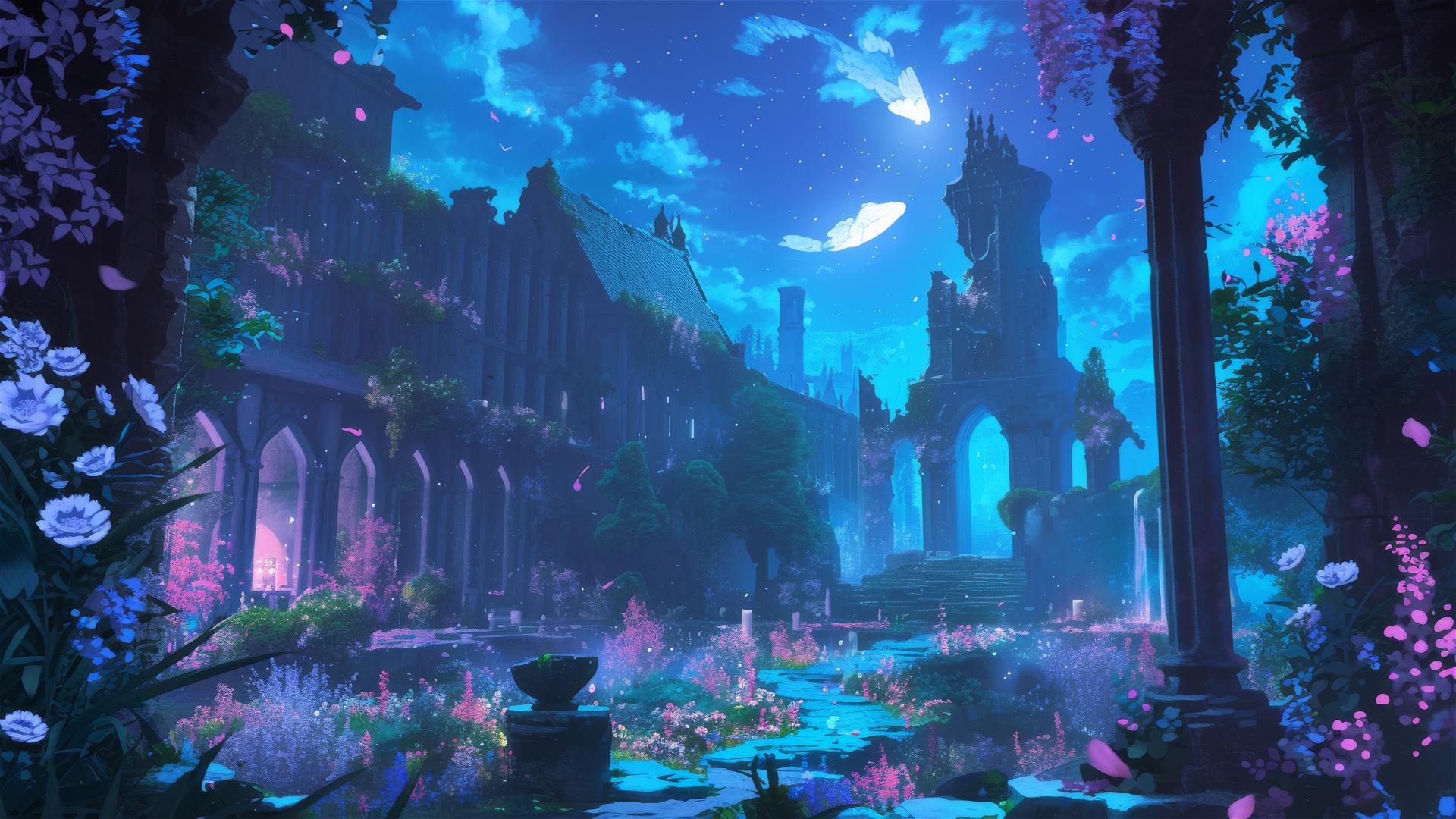 Ghibli-style anime castle garden under moonlight with themes of forbidden love and ancient spells.
