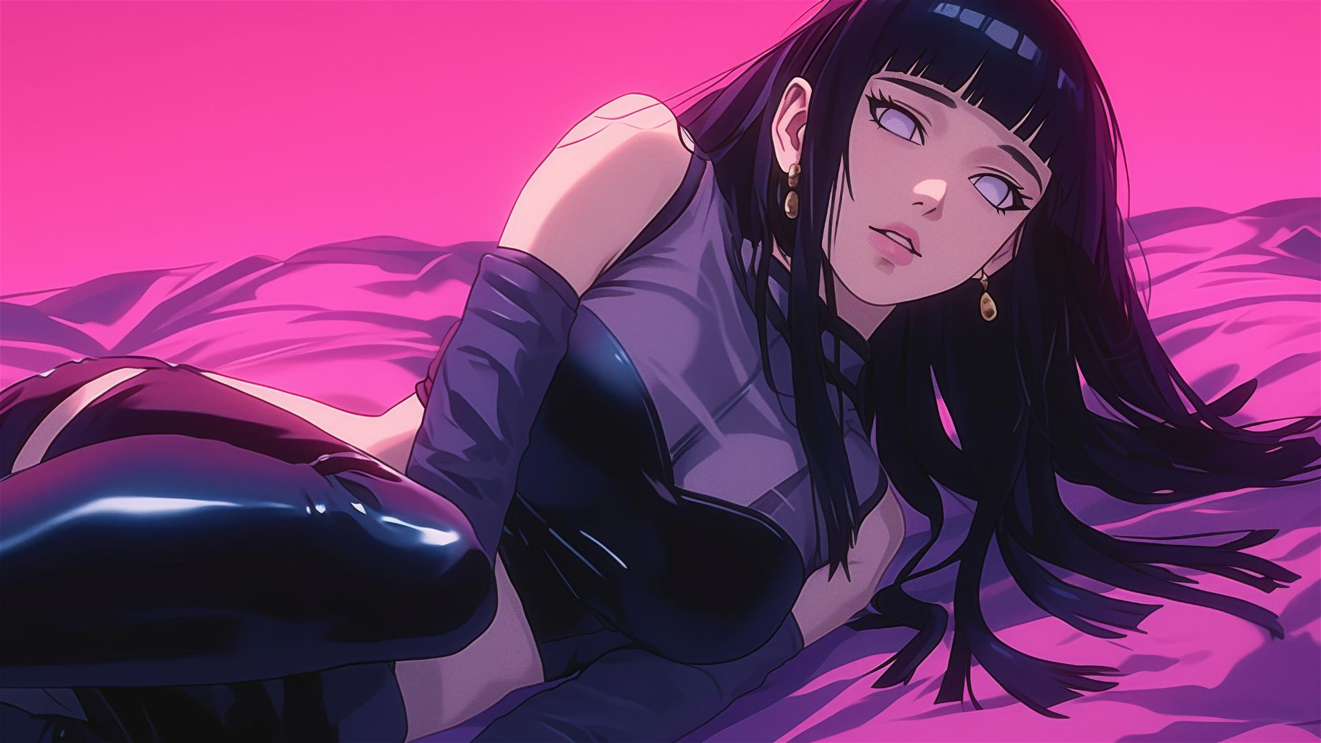 Hinata Hyuga in black and pink outfit with gold earrings, neon pink backdrop.