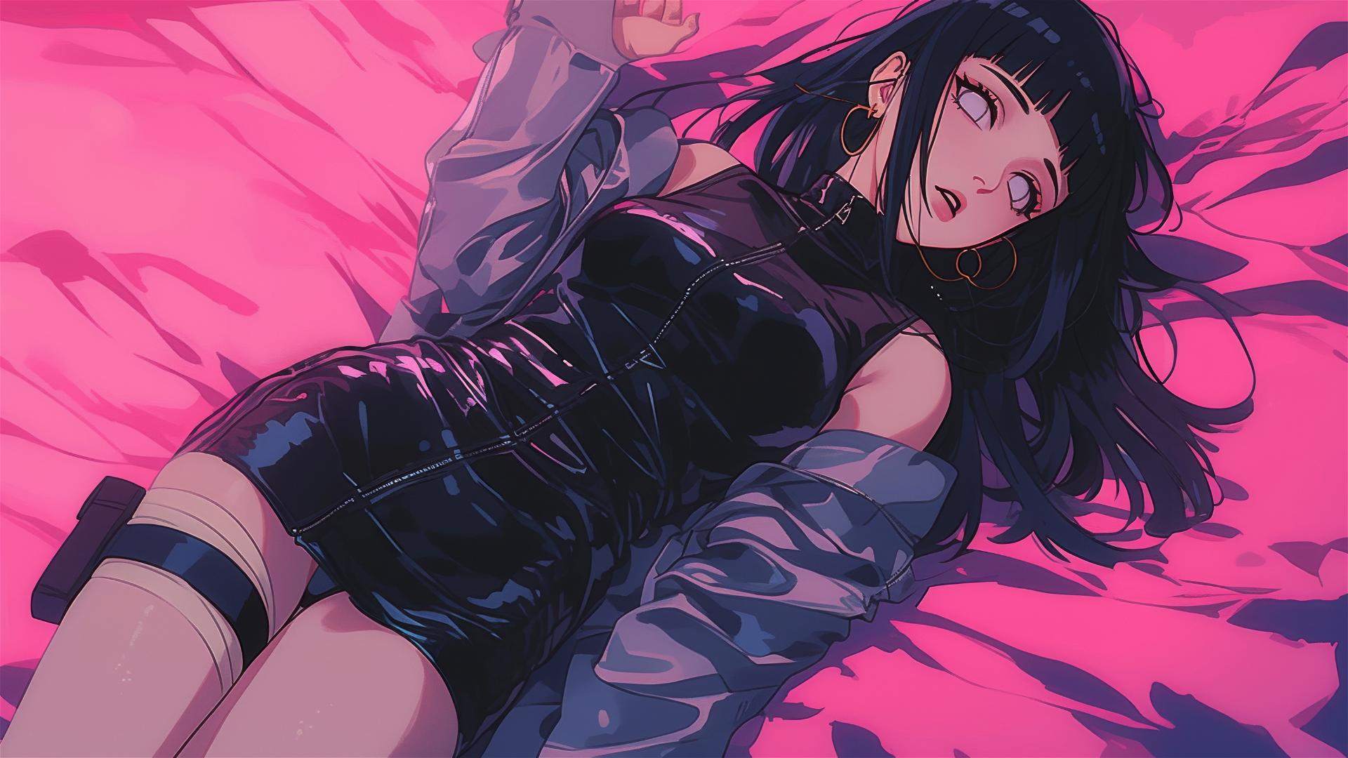 Hinata Hyuga in black and pink leather on a bed, neon pink light, gold earrings, breeze-lifted hair.