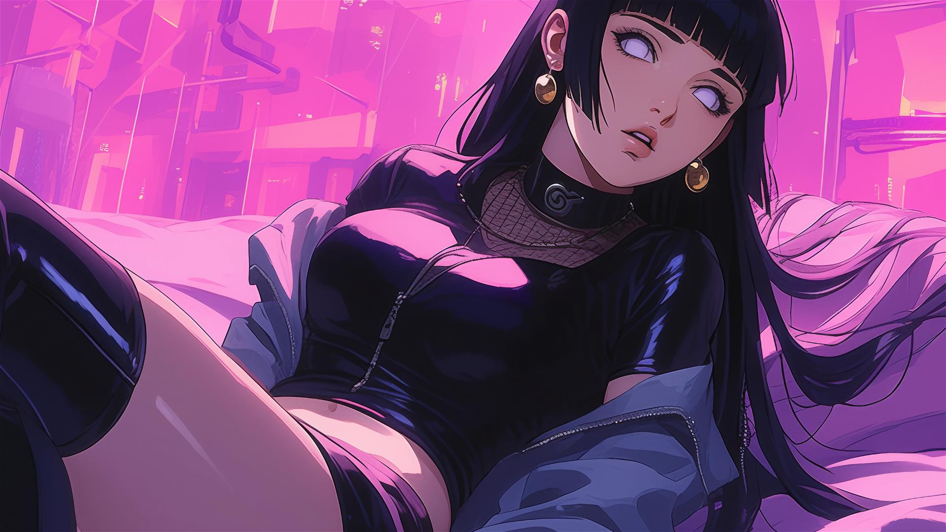 Hinata Hyuga lounging in neon pink light, black and pink leather attire.