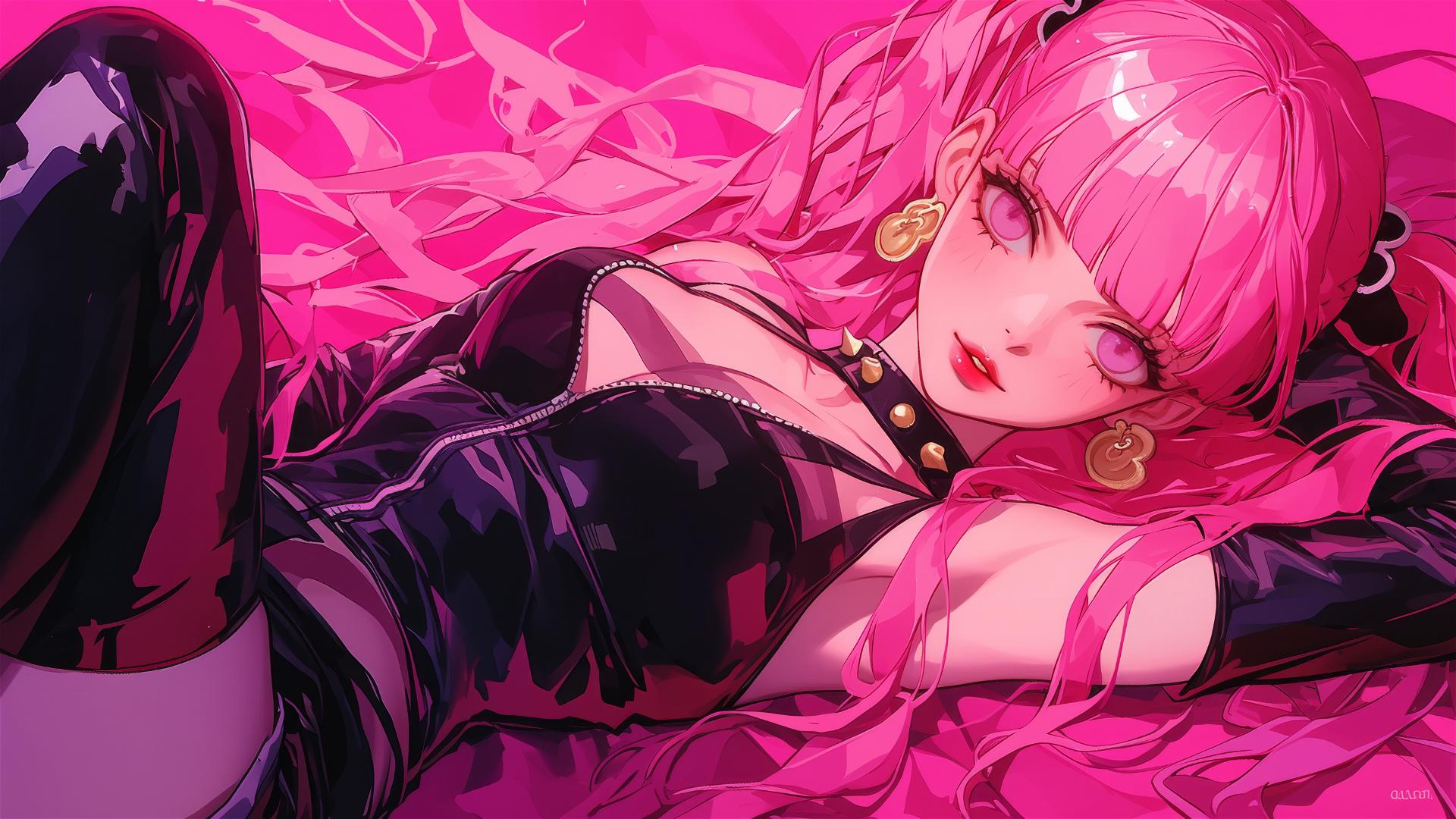 Perona from One Piece in bed, black and pink outfit, neon glow, air swirls.