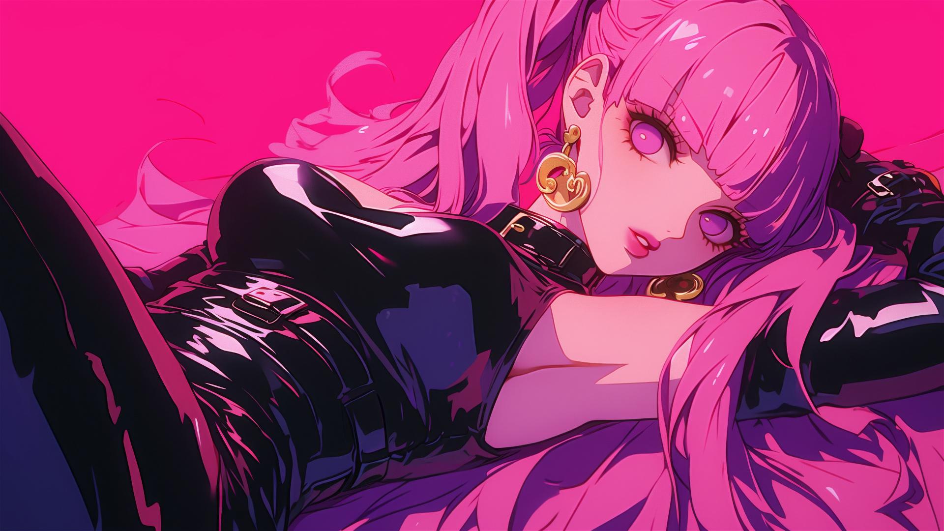 Perona from One Piece in black and pink leather, with neon glow and gold earrings.